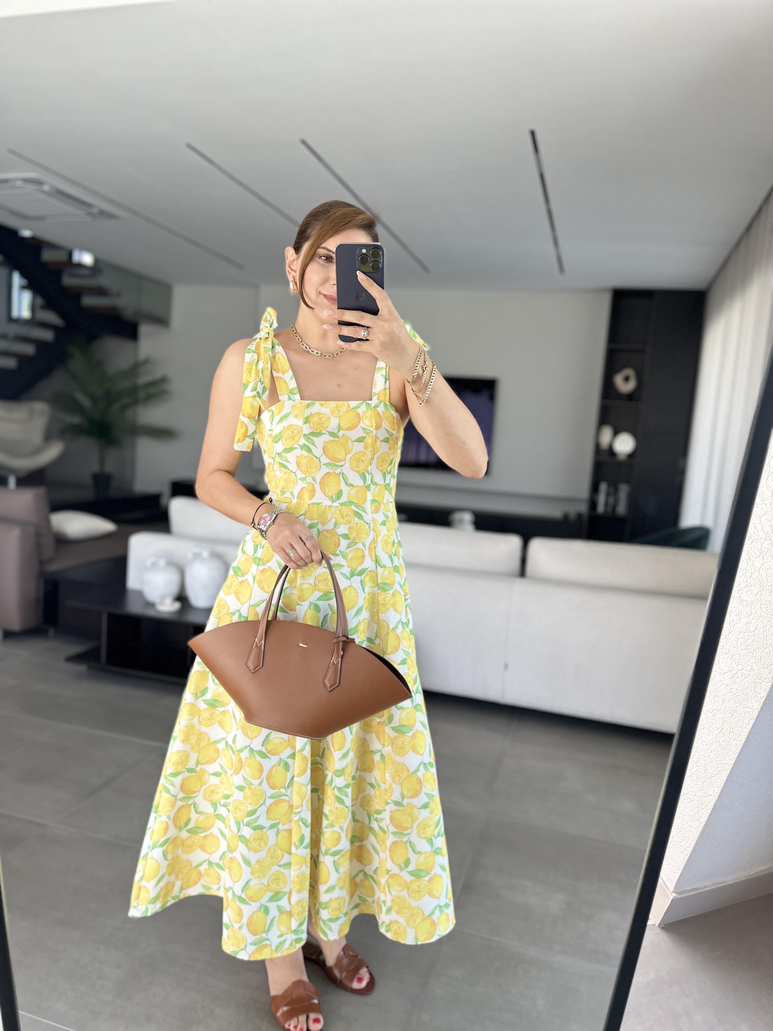 Limon Desenli Omuz Bağcıklı Elbise