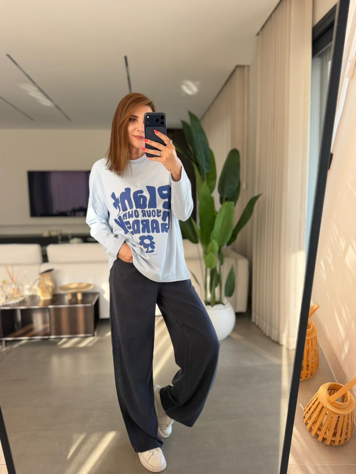 Mavi Baskılı Uzun Kollu Basıc Sweatshırt