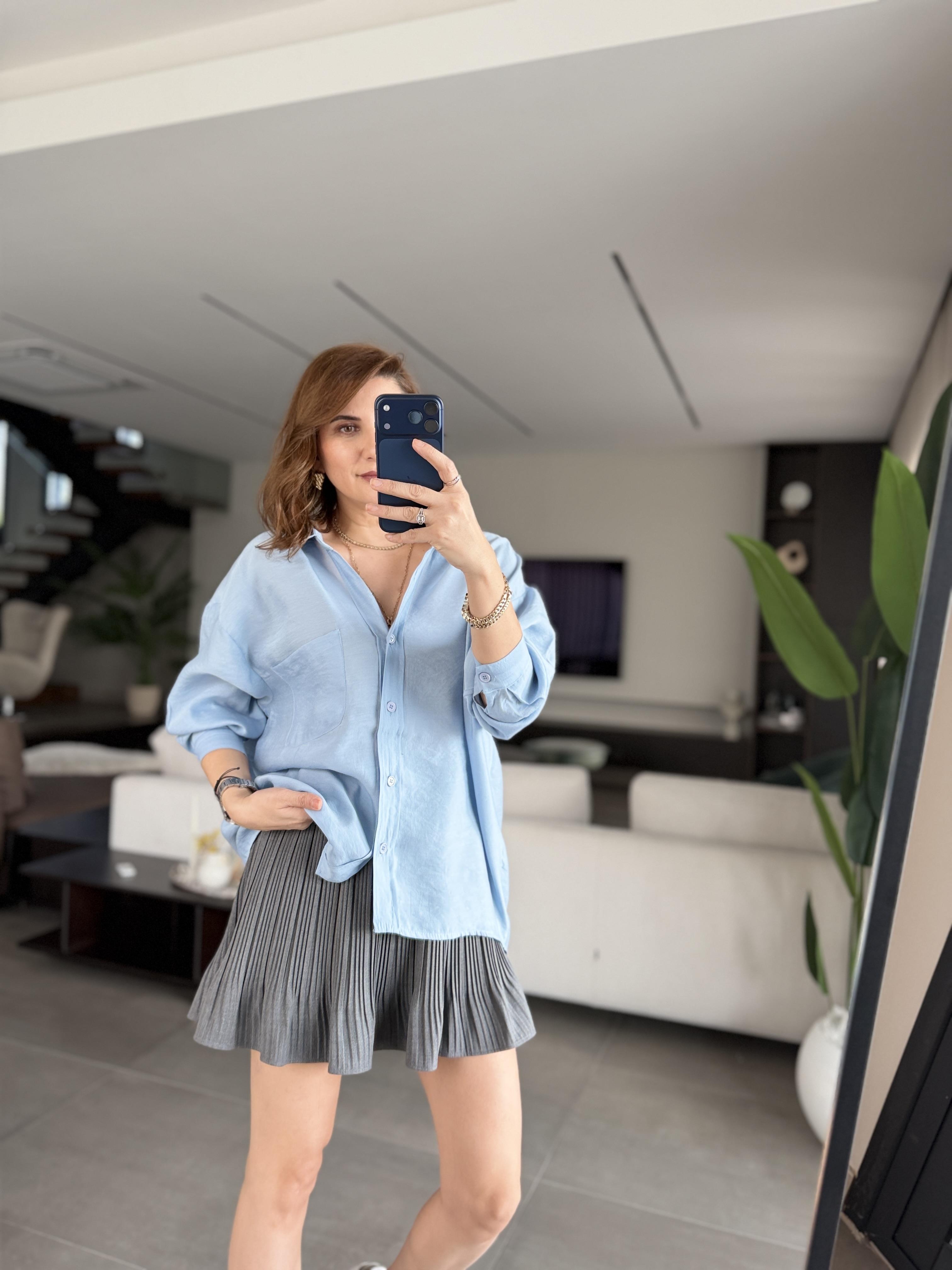 Mavi Düşük Omuz Oversize Gömlek