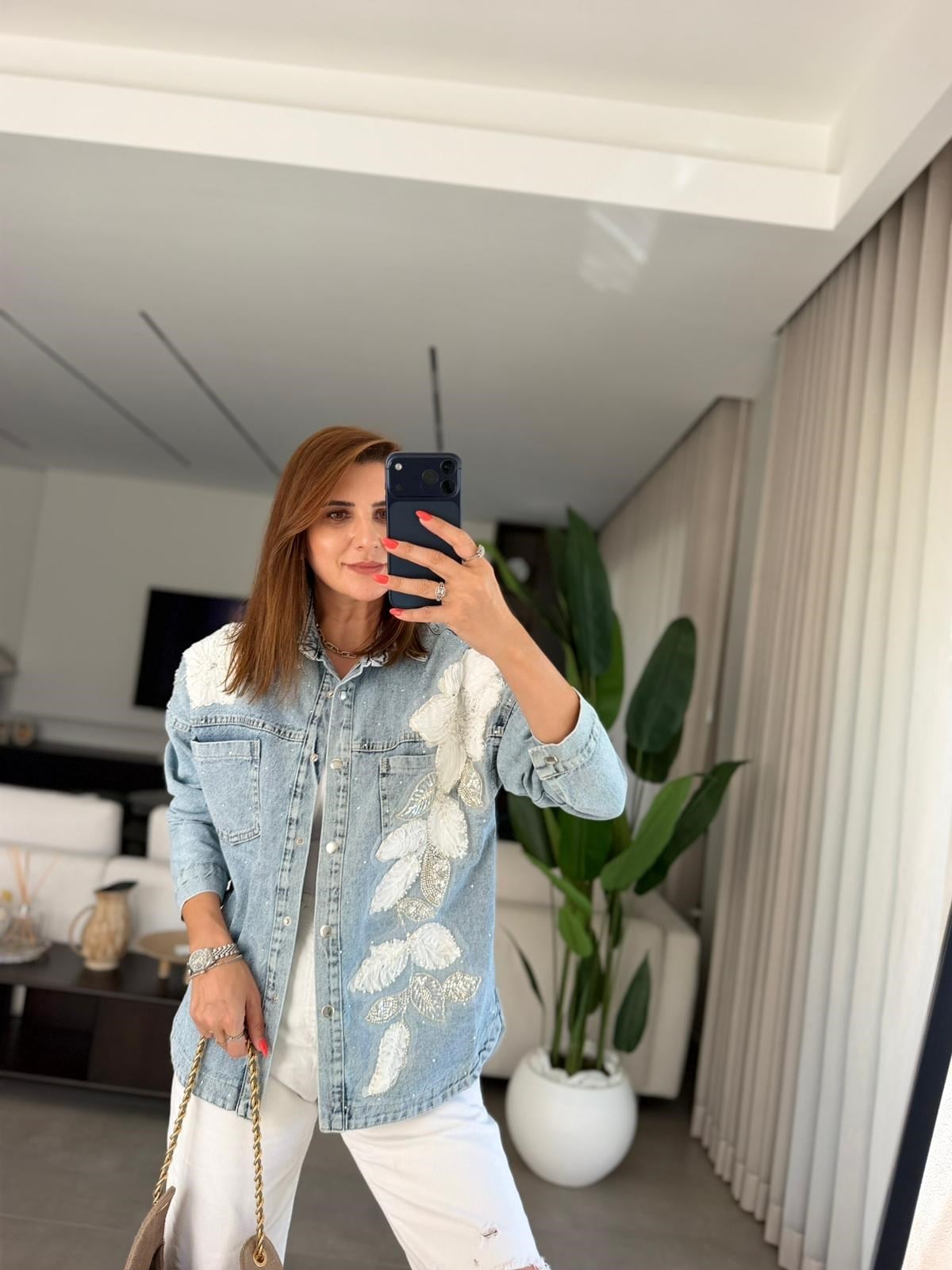 Mavi İnci Çiçek İşlemeli Denim Ceket