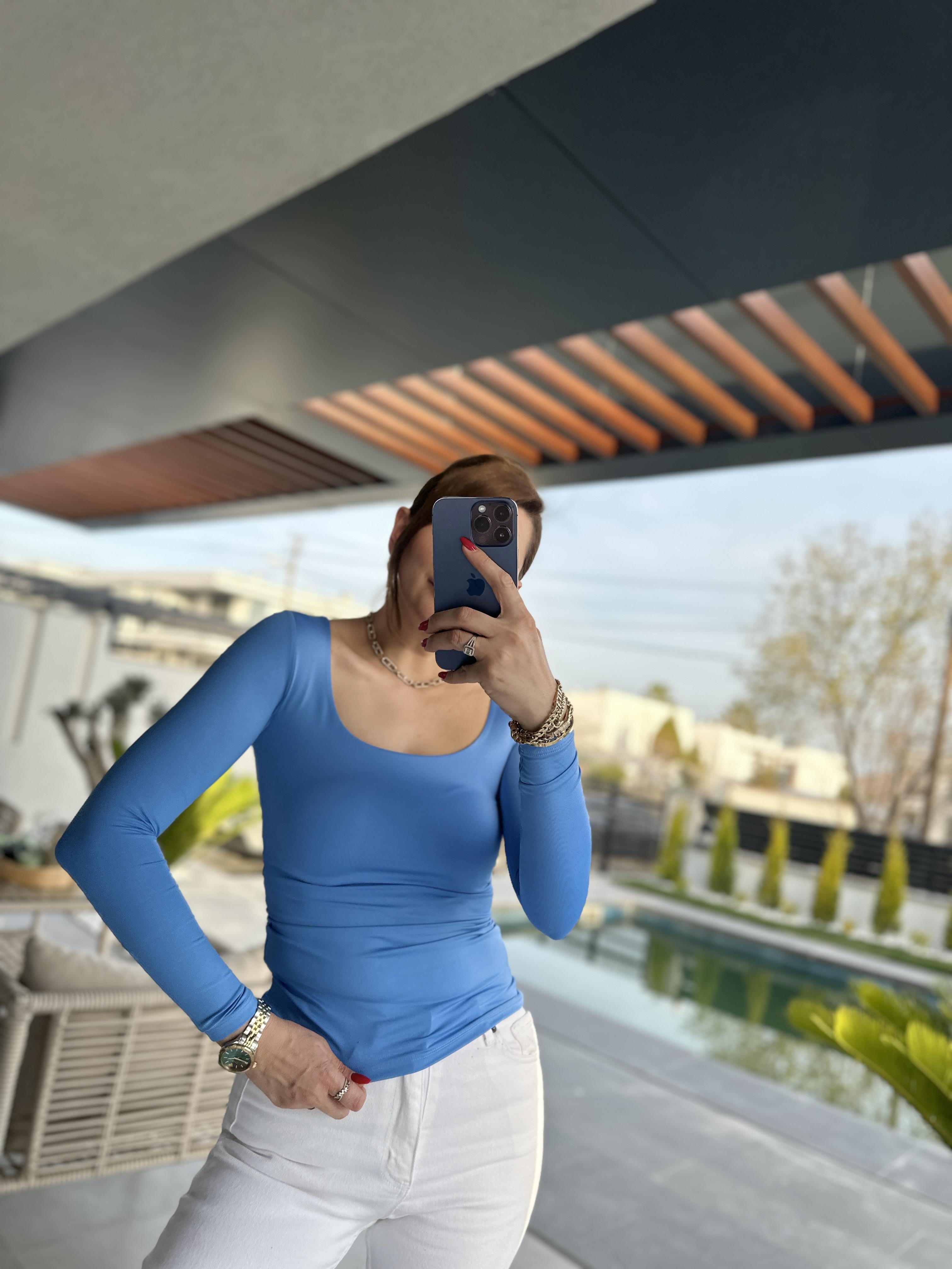 Mavi Kare Yaka Uzun Kollu Badi