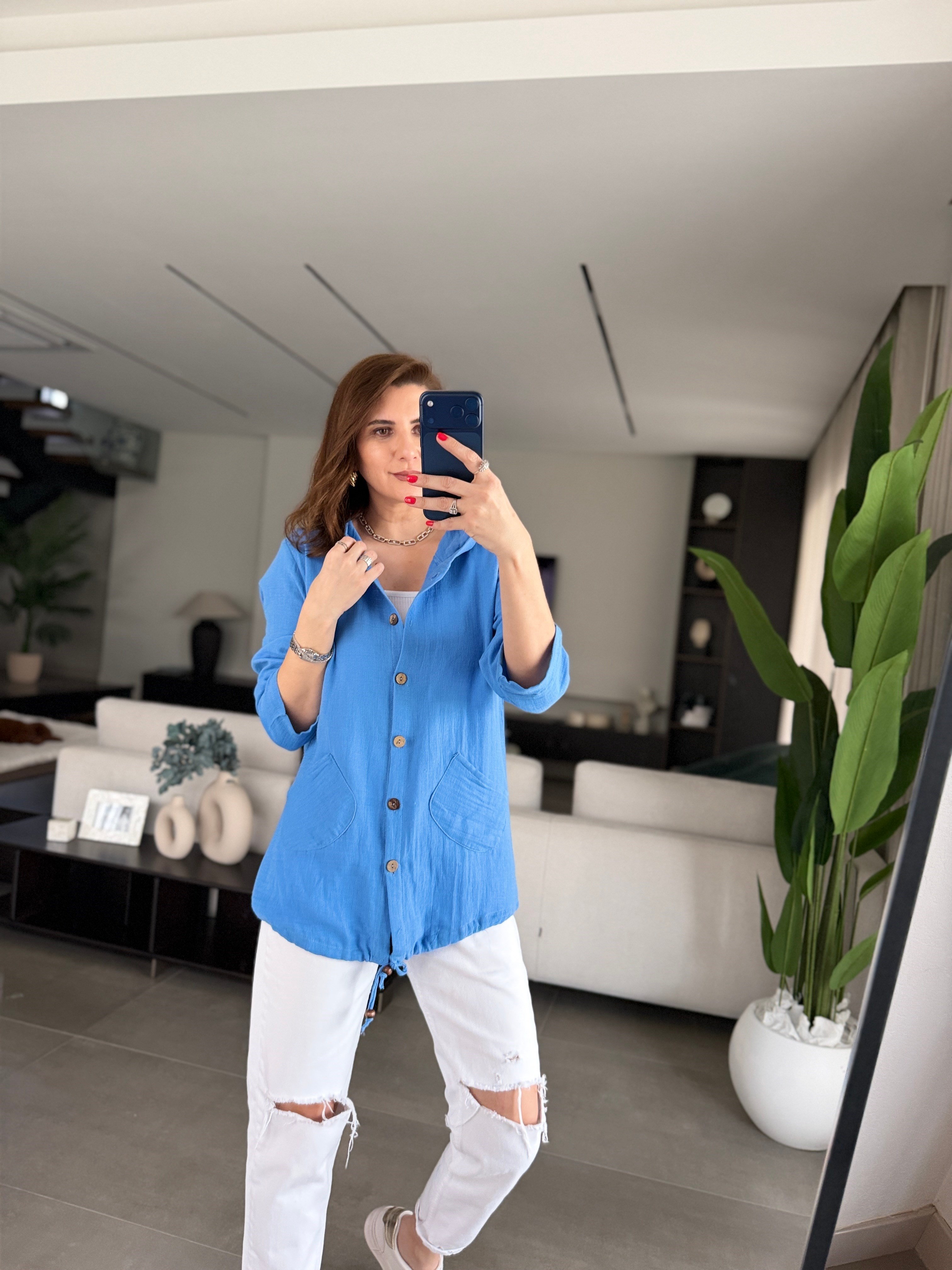 Mavi Müslin Kapşonlu Ceket