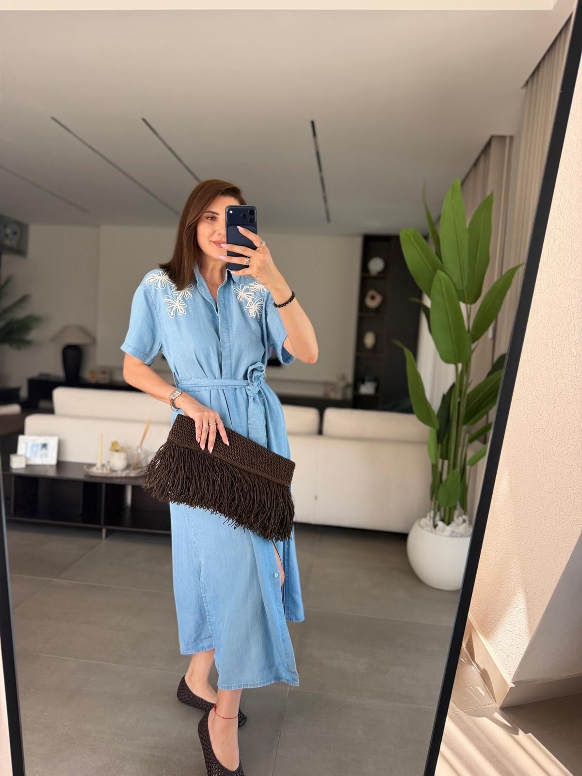 Mavi Nakışlı Tencel Kısa Kollu Elbise