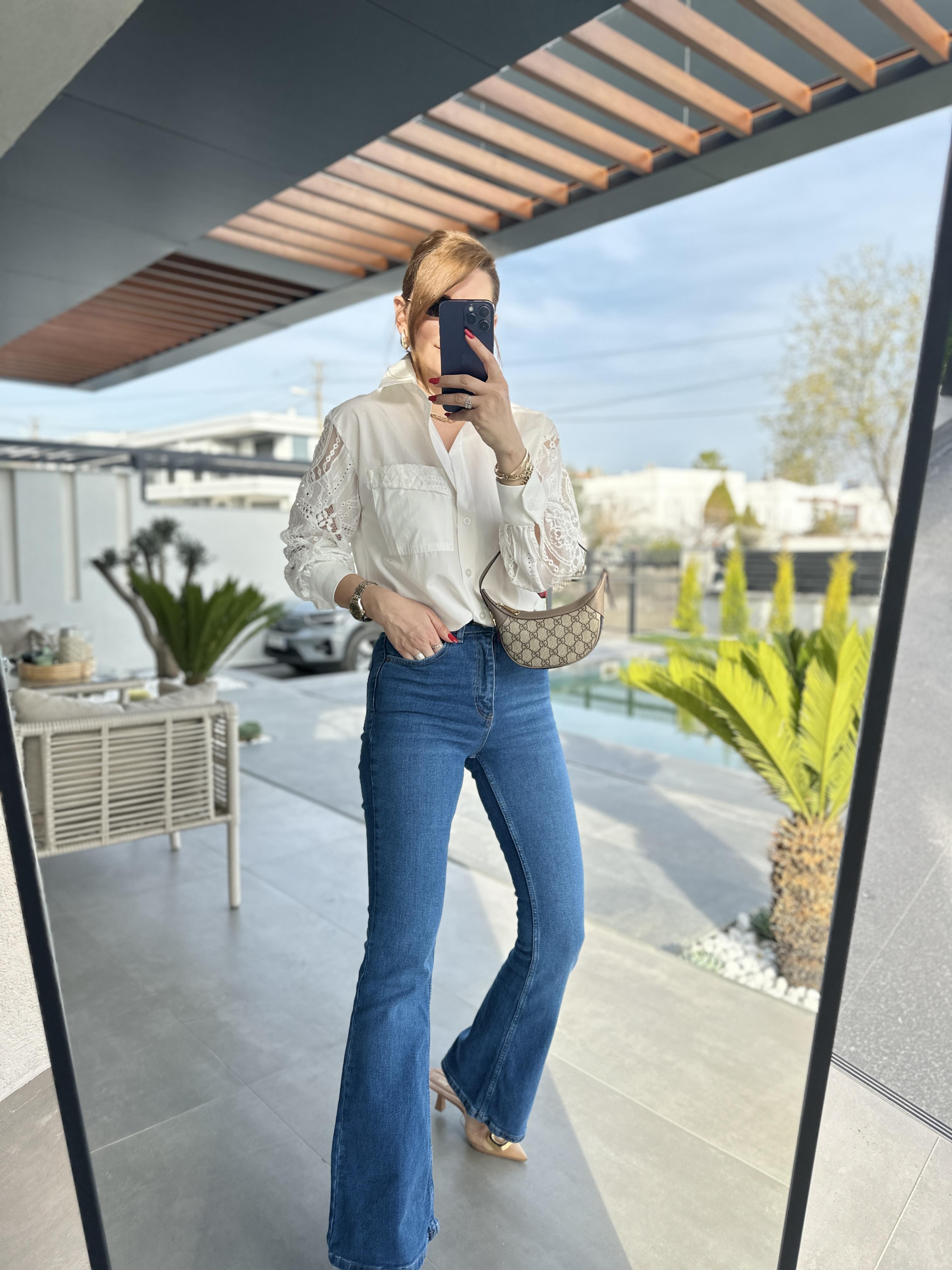 Mavi Yüksek Bel İspanyol Pantolon