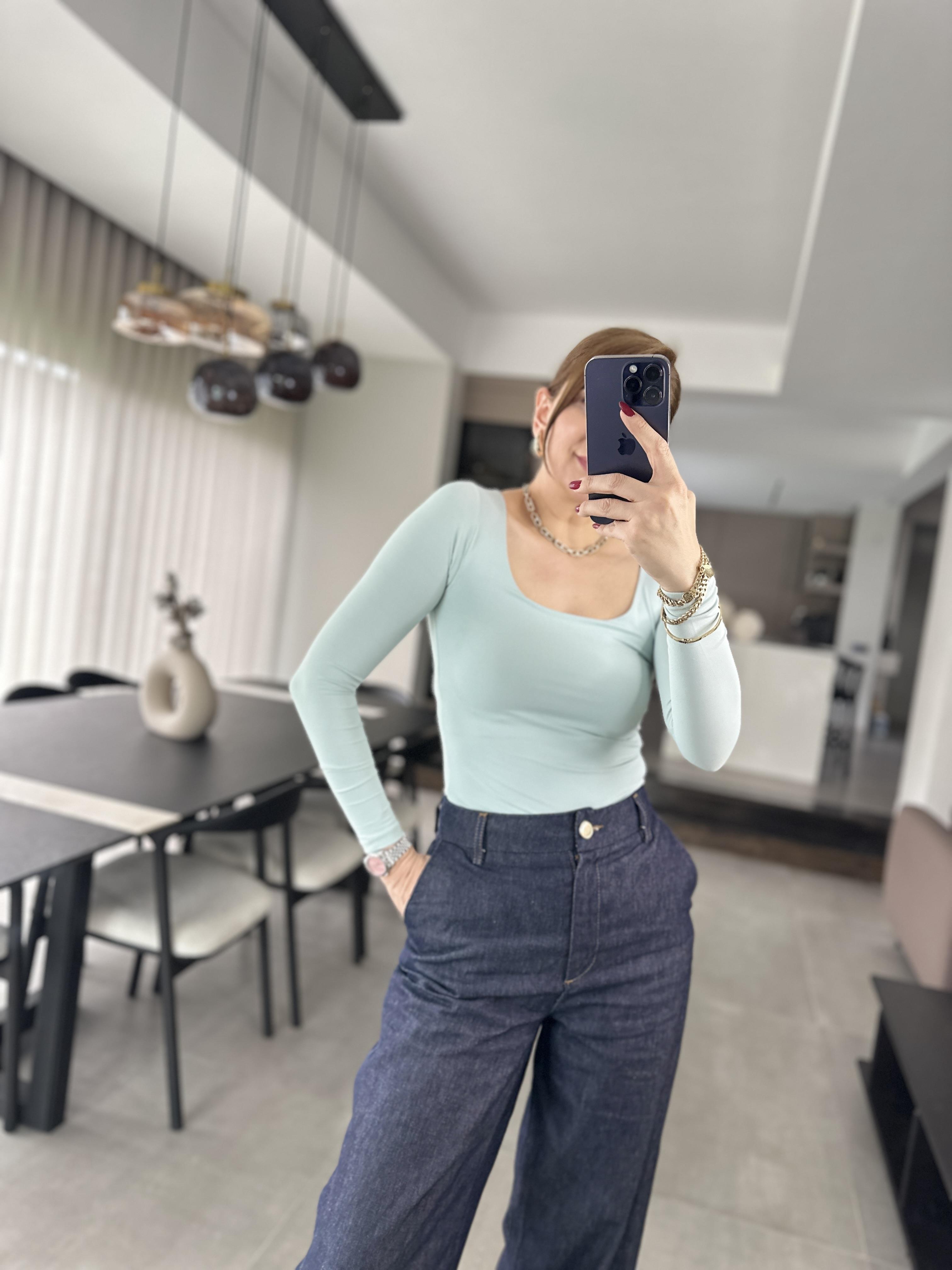 Mint Yeşili Kare Yaka Uzun Kollu Badi
