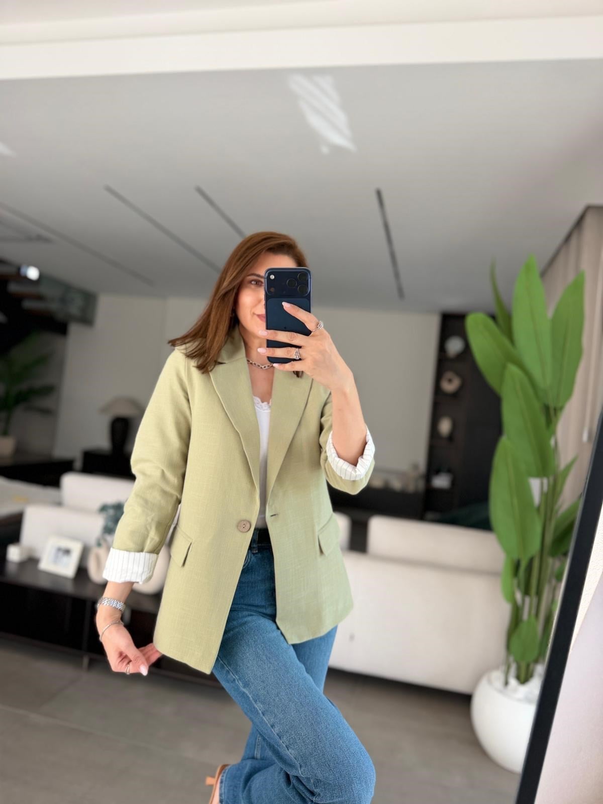 Mint Yeşili Kol Katlamalı Keten Astarlı Blazer Ceket