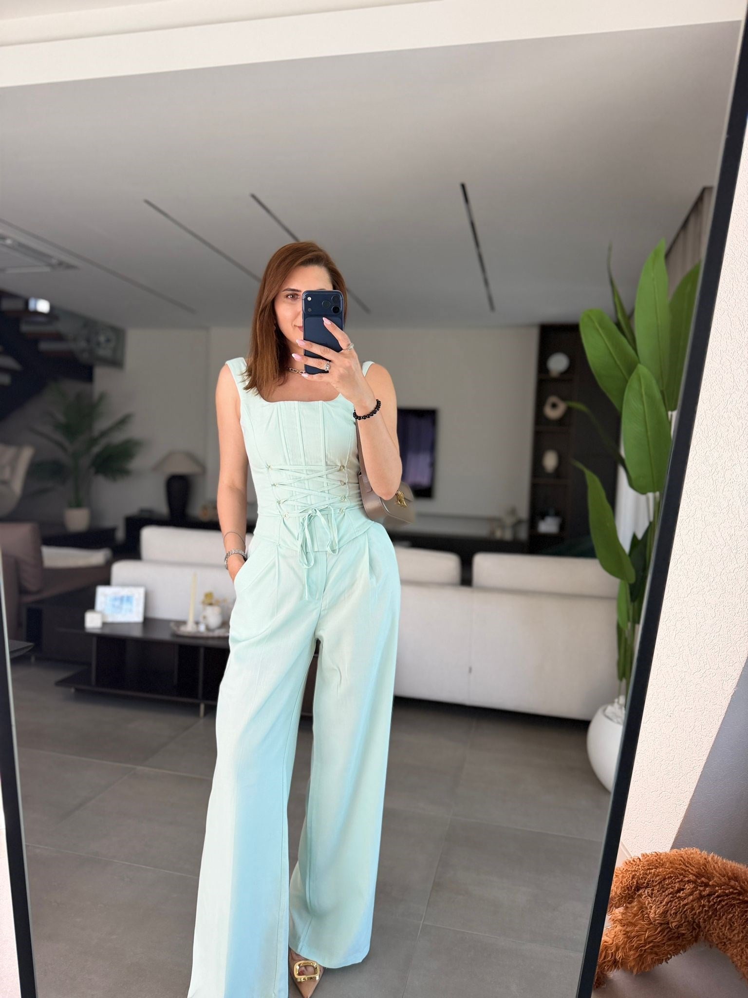 Mint Yeşili Üst Bağlama Detaylı Cepli Pantolon Yaz Takım