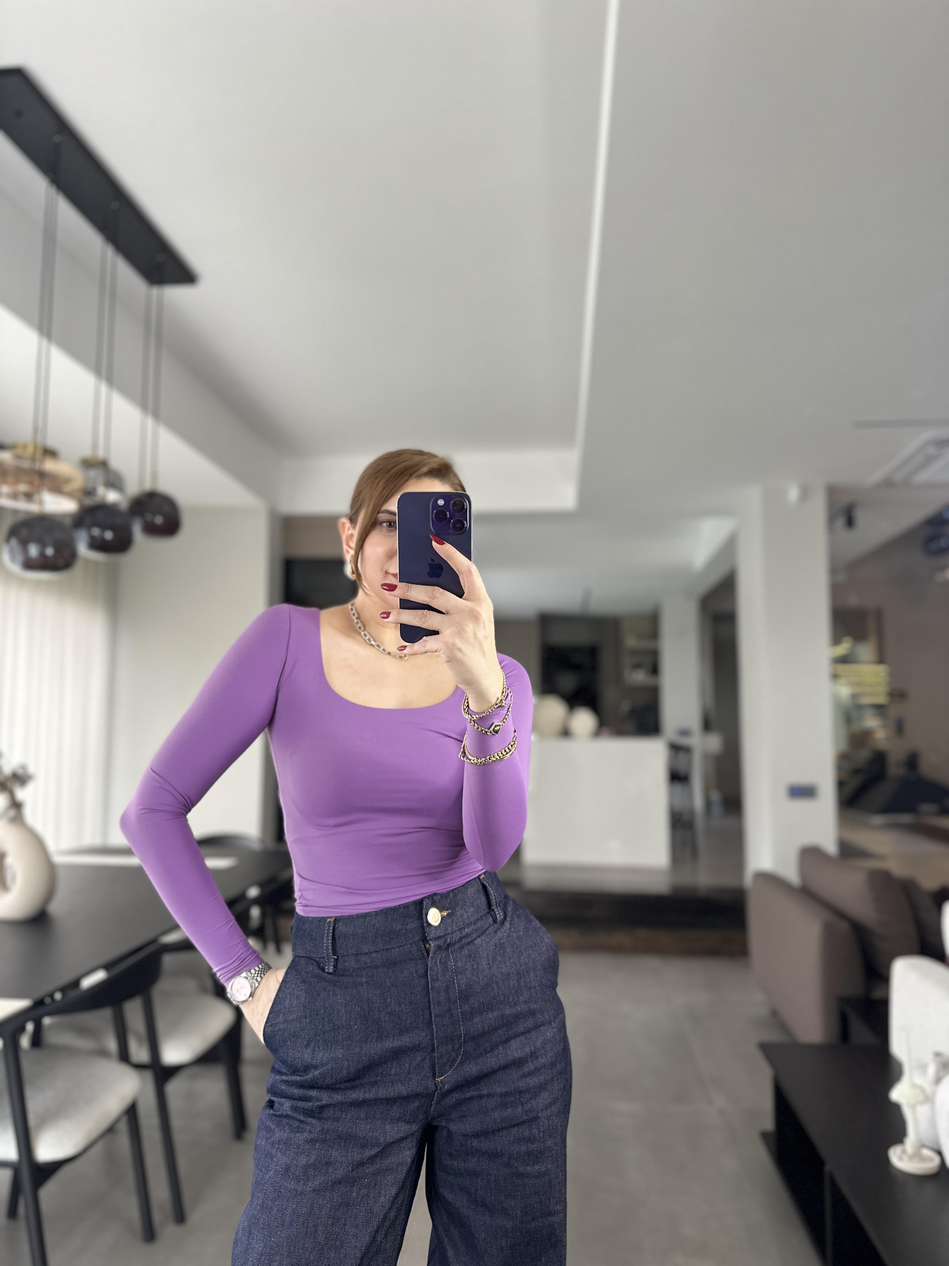 Mor Kare Yaka Uzun Kollu Badi