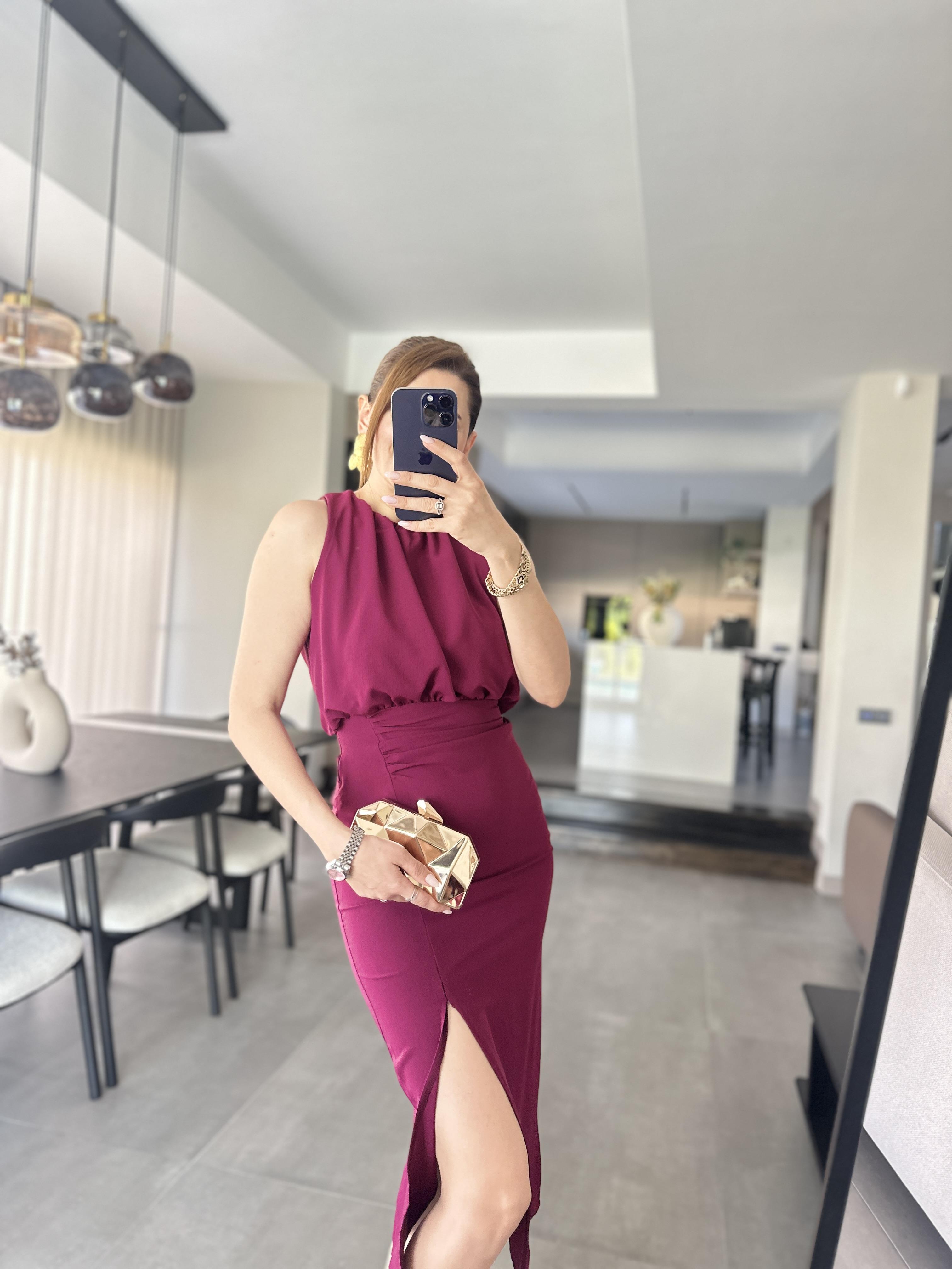 Mürdüm Linda Yırtmaçlı Elbise
