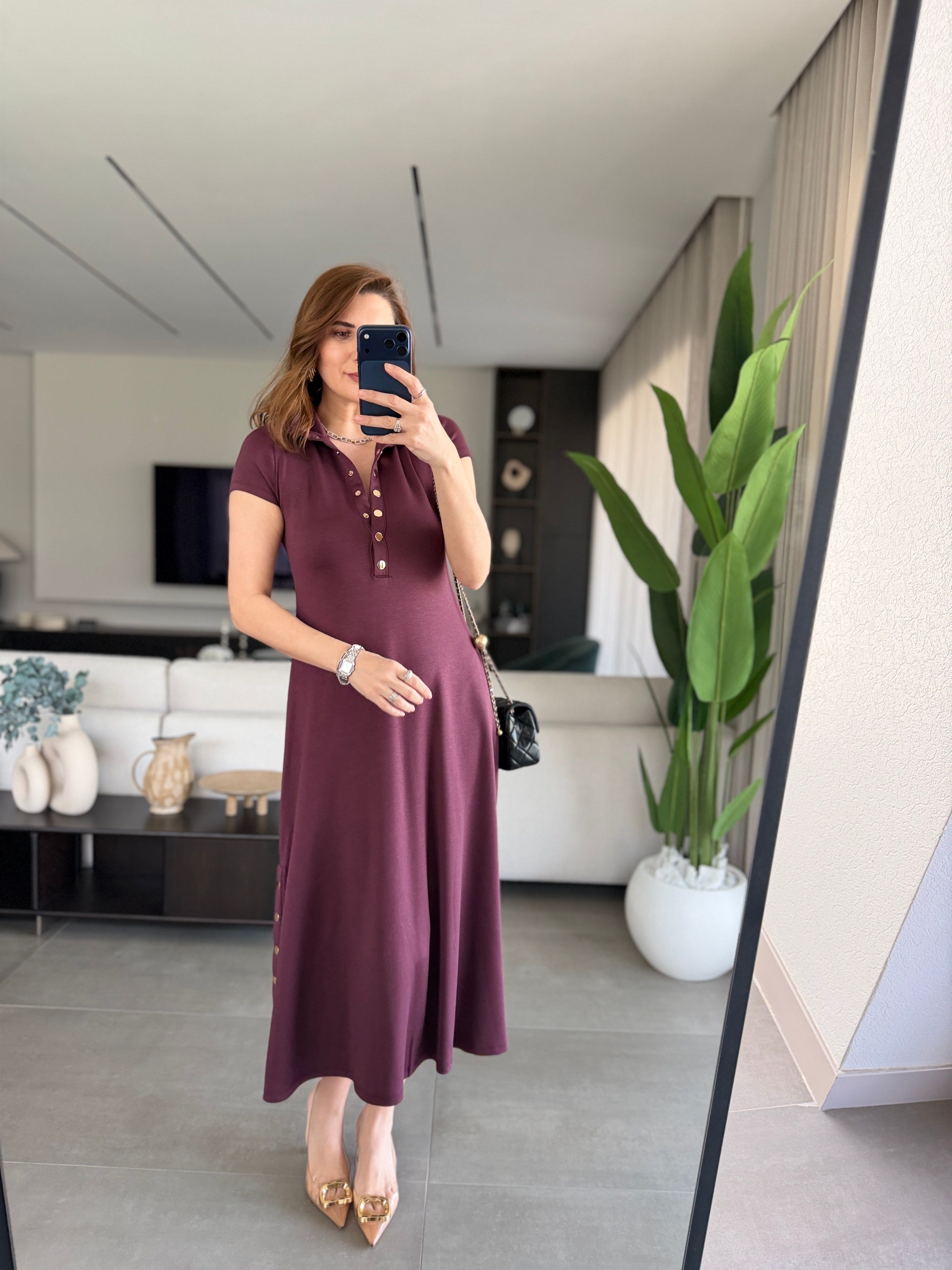 Mürdüm Modal Çıtçıt Detaylı Elbise
