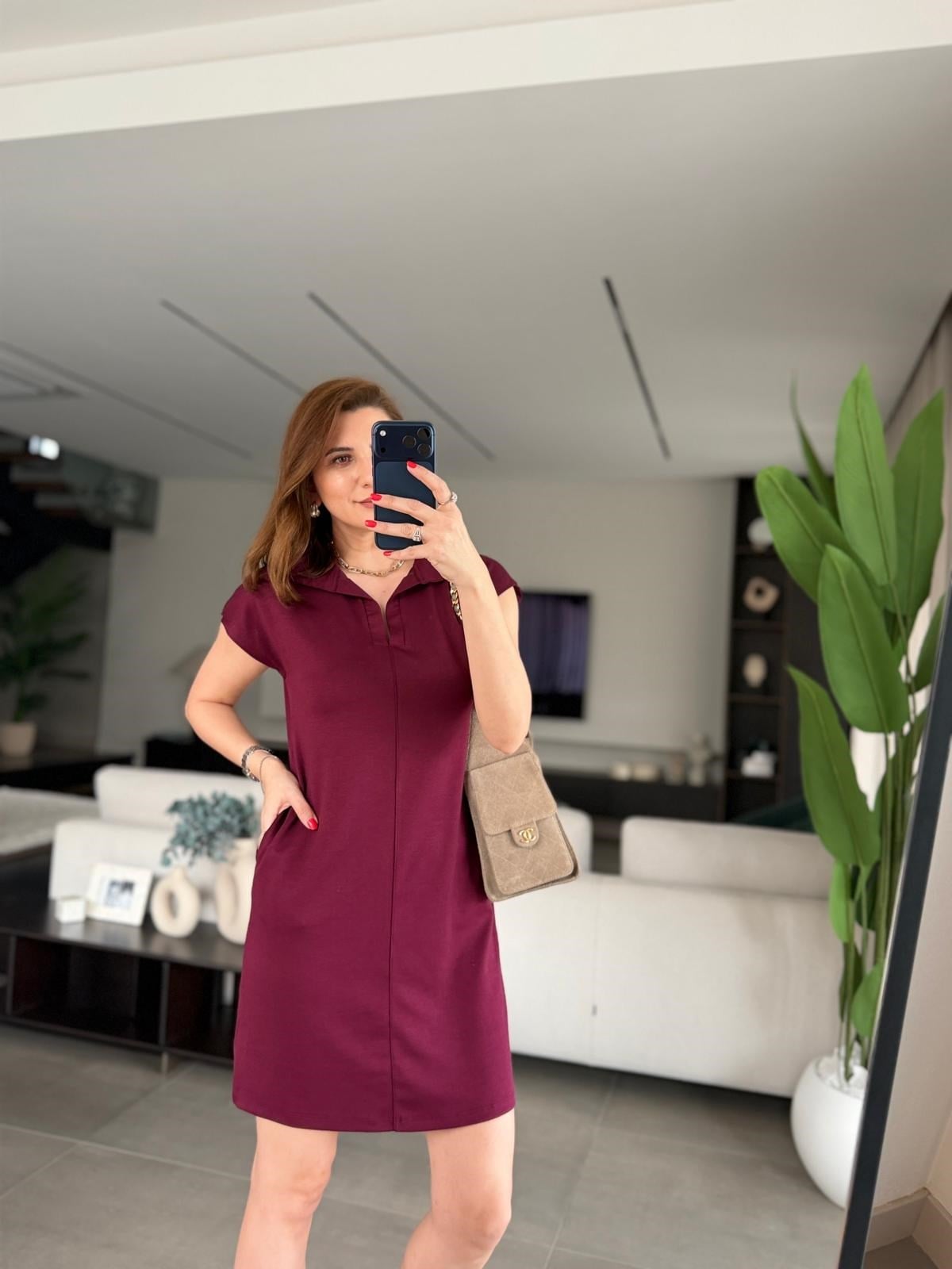 Mürdüm Polo Yaka Çimalı Cepli Elbise