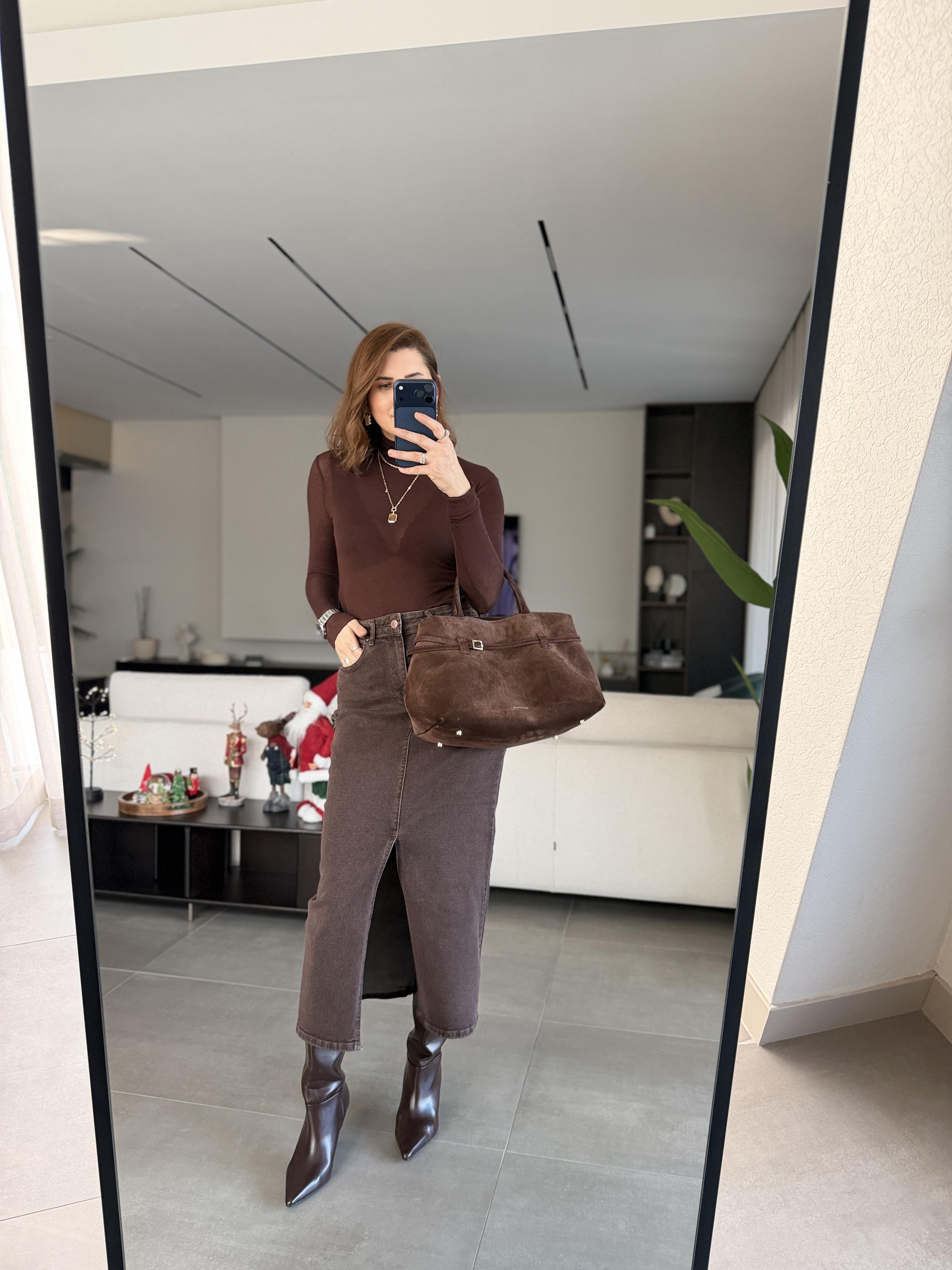 Ön yırtmaçlı Cepli Kot Etek