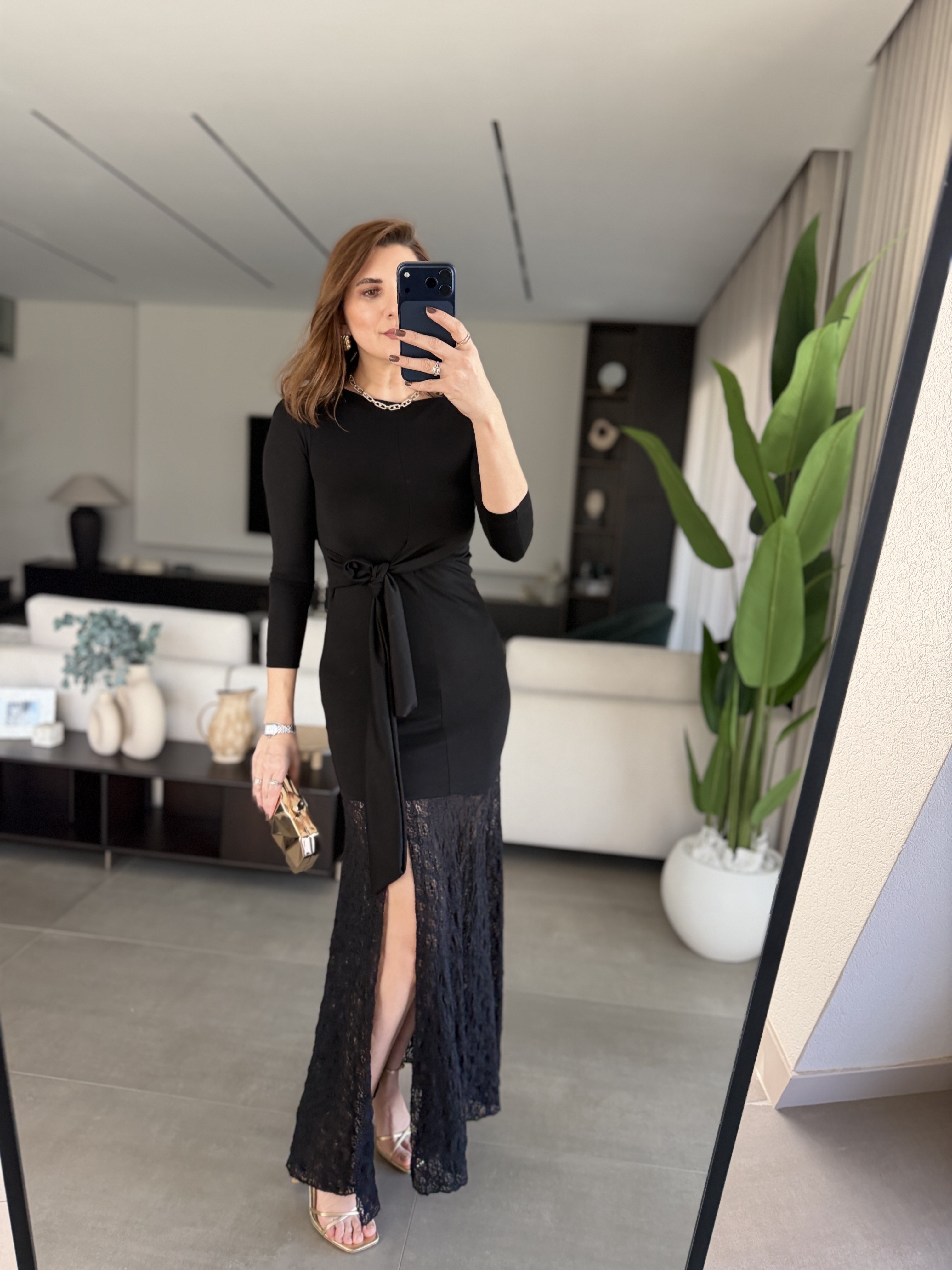 Önü Bağlamalı Dantel Etekli Elbise