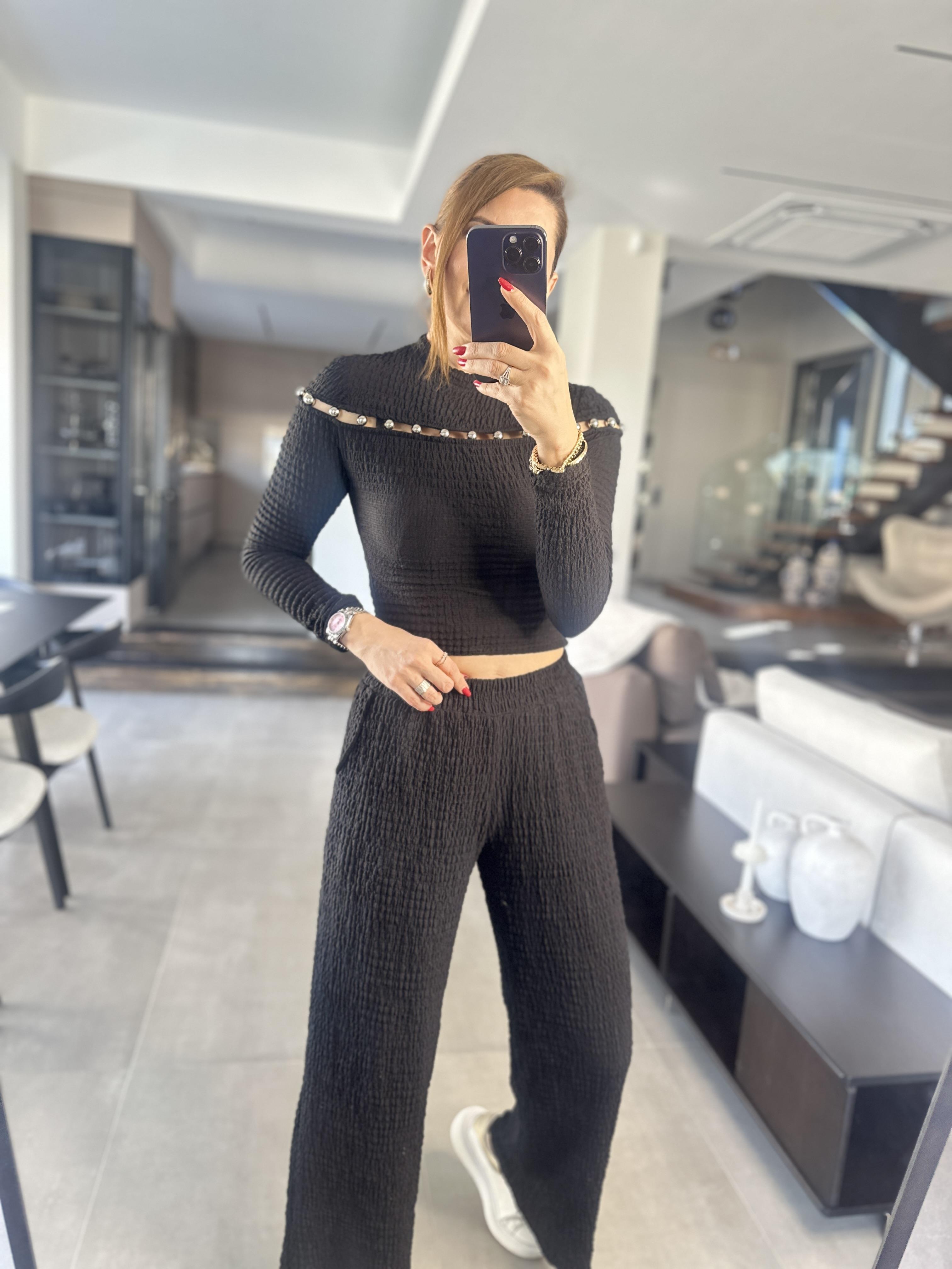 Önü Boncuk İşlemeli Kraşlı Pantolon Takım