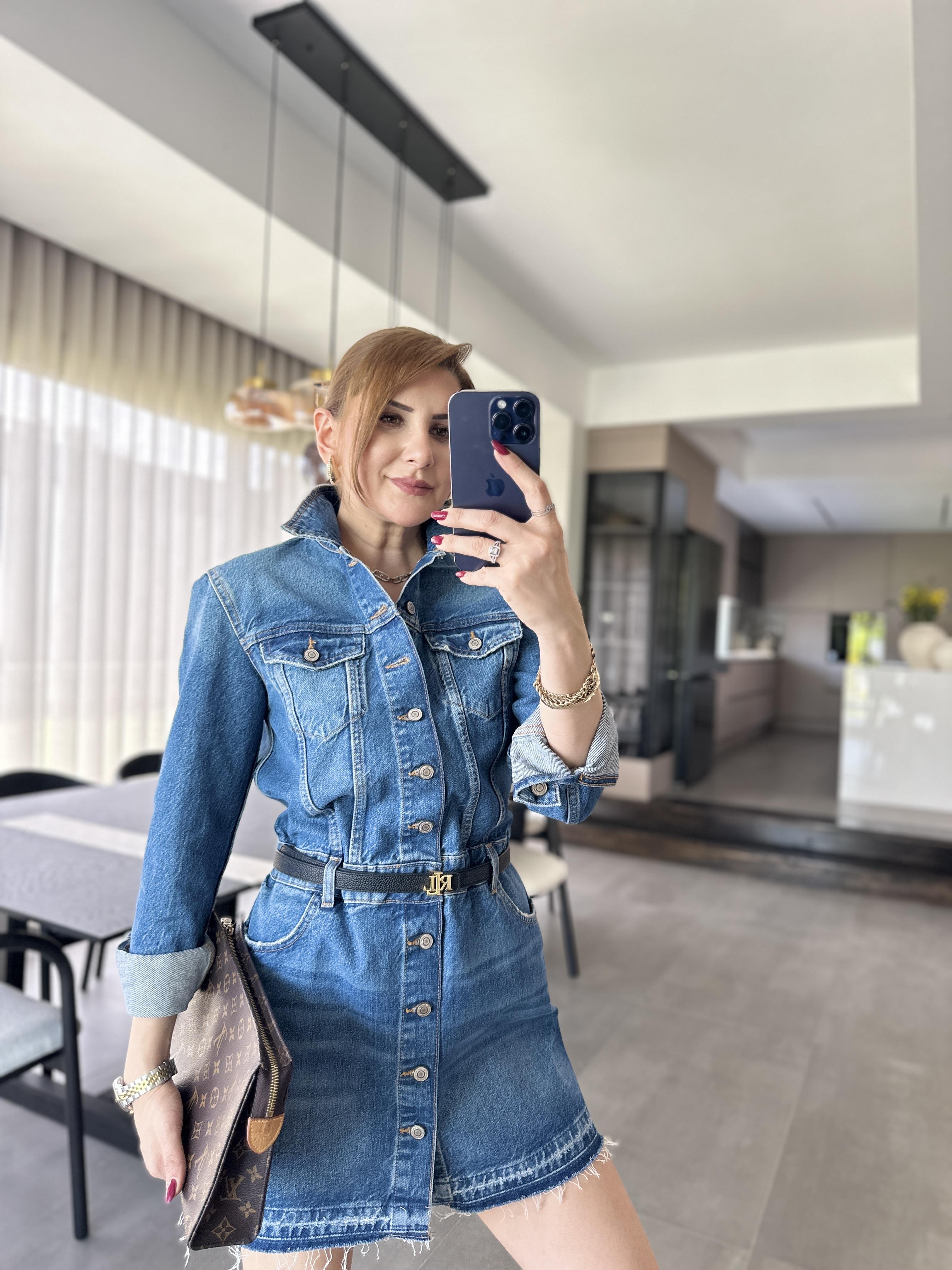 Önü Düğmeli Uzun Kollu Denim Elbise