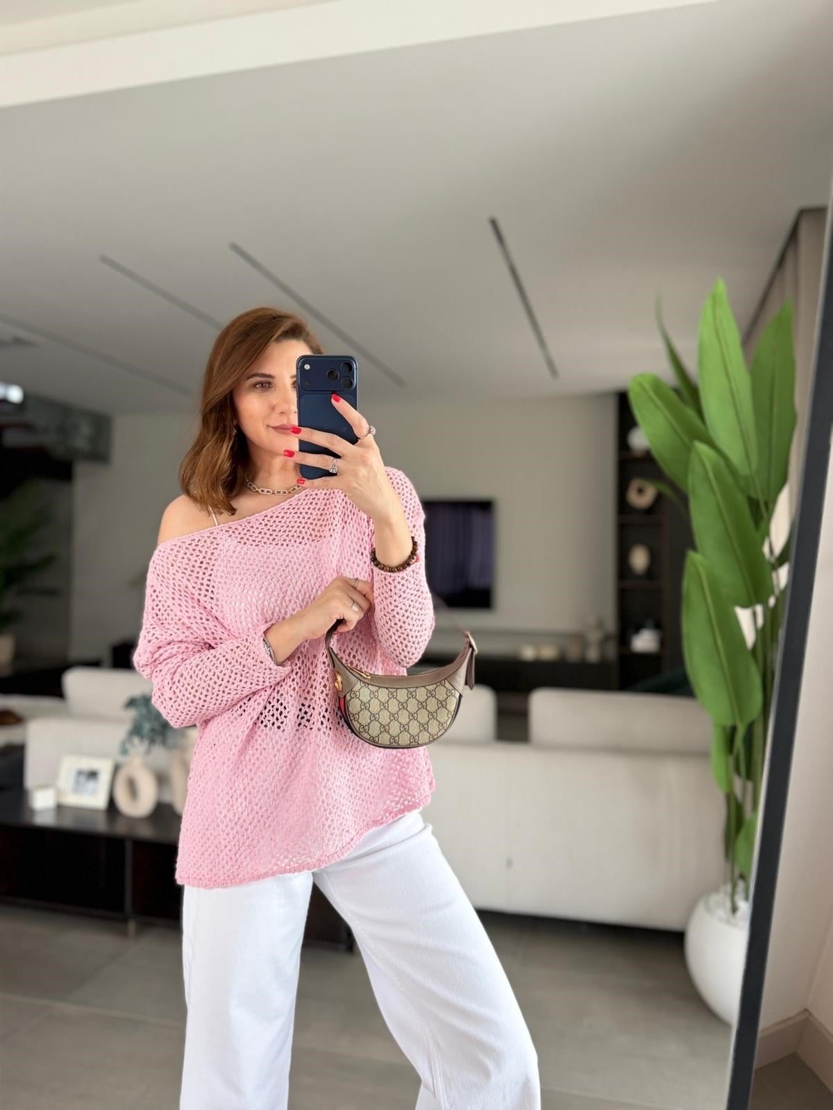 Pembe Ajurlu Parla Bluz