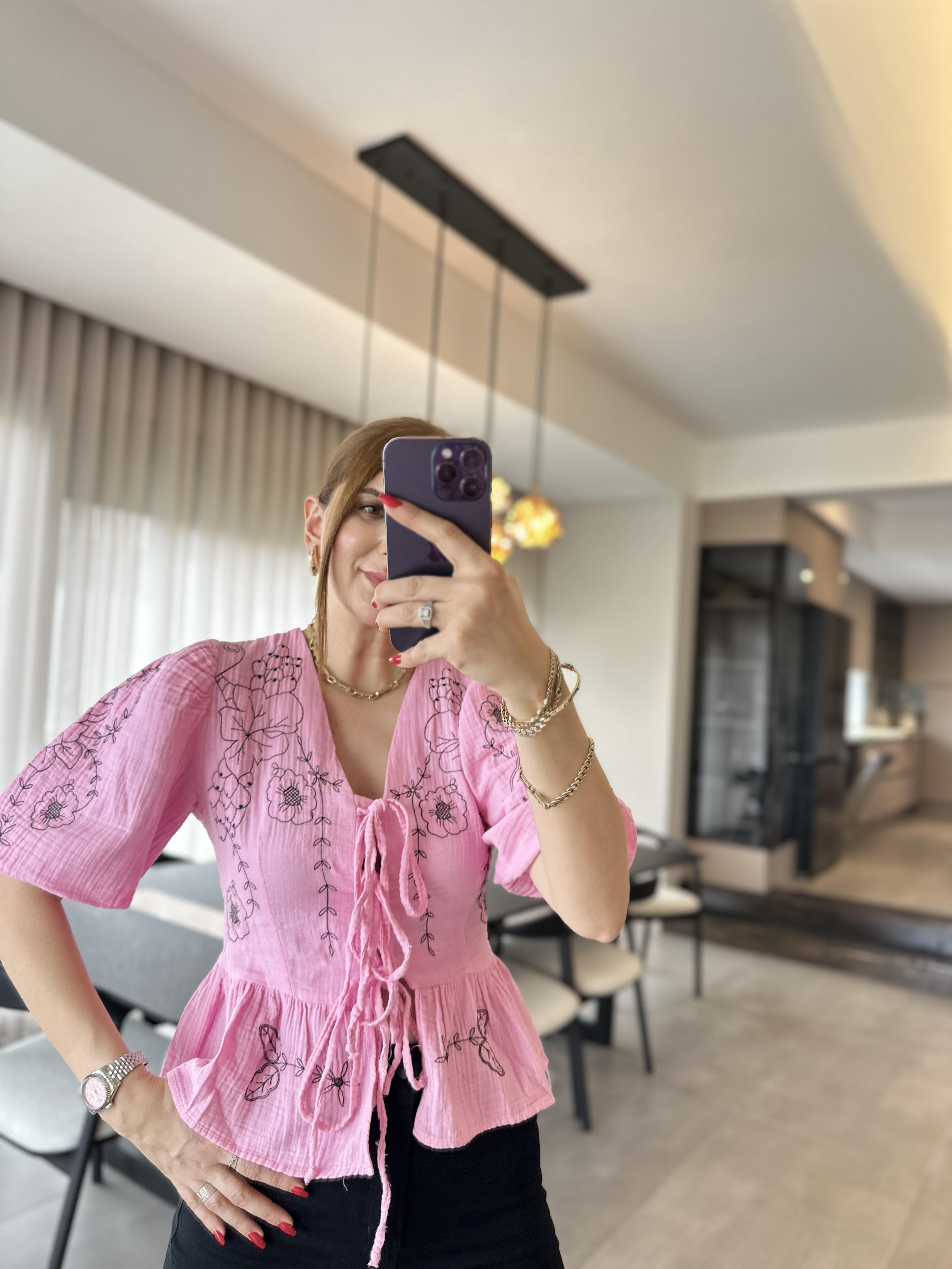 Pembe Bağlamalı Nakışlı Etnik Ceket