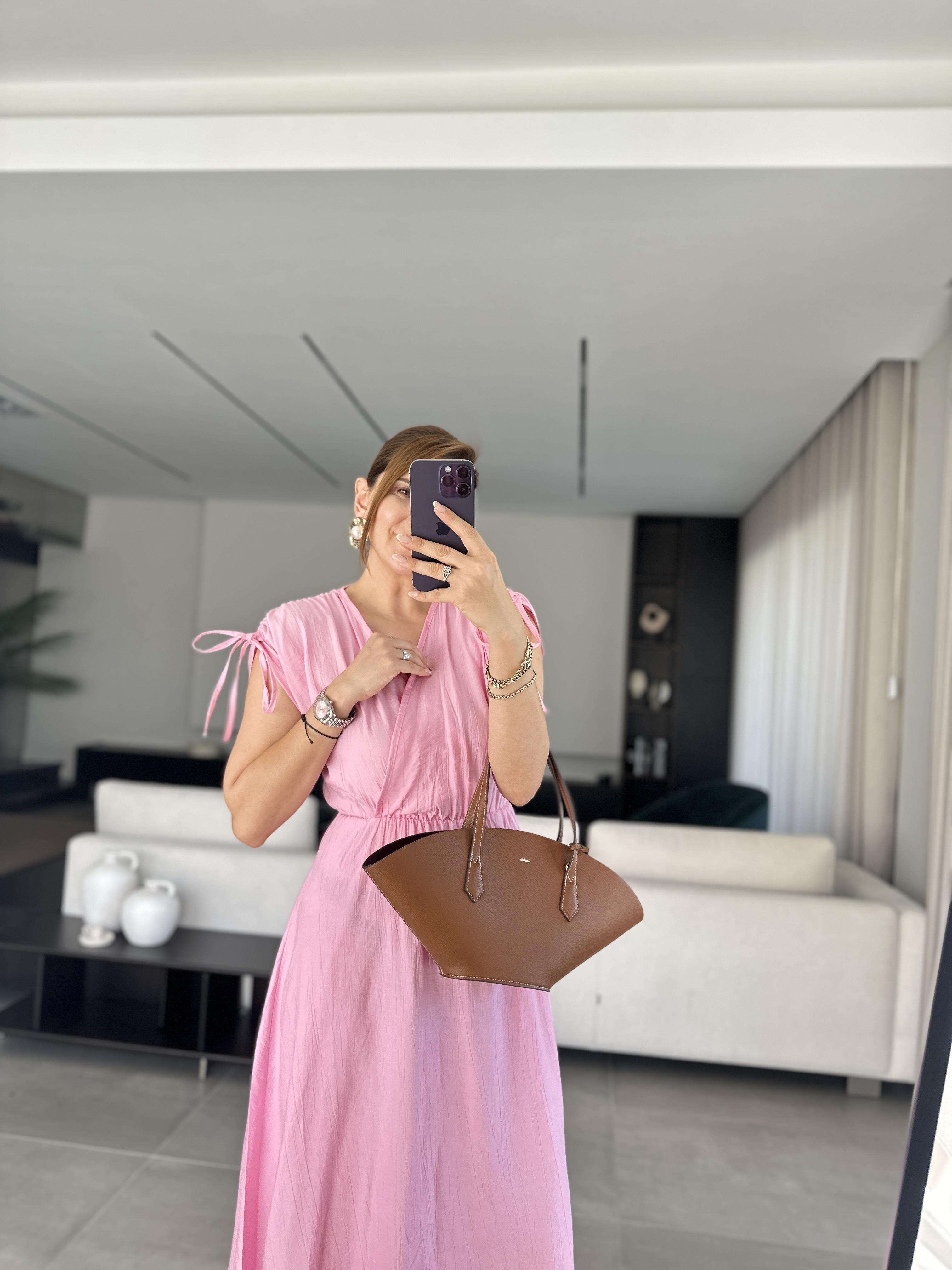 Pembe Bel Lastikli Kruvaze Yaka Elbise