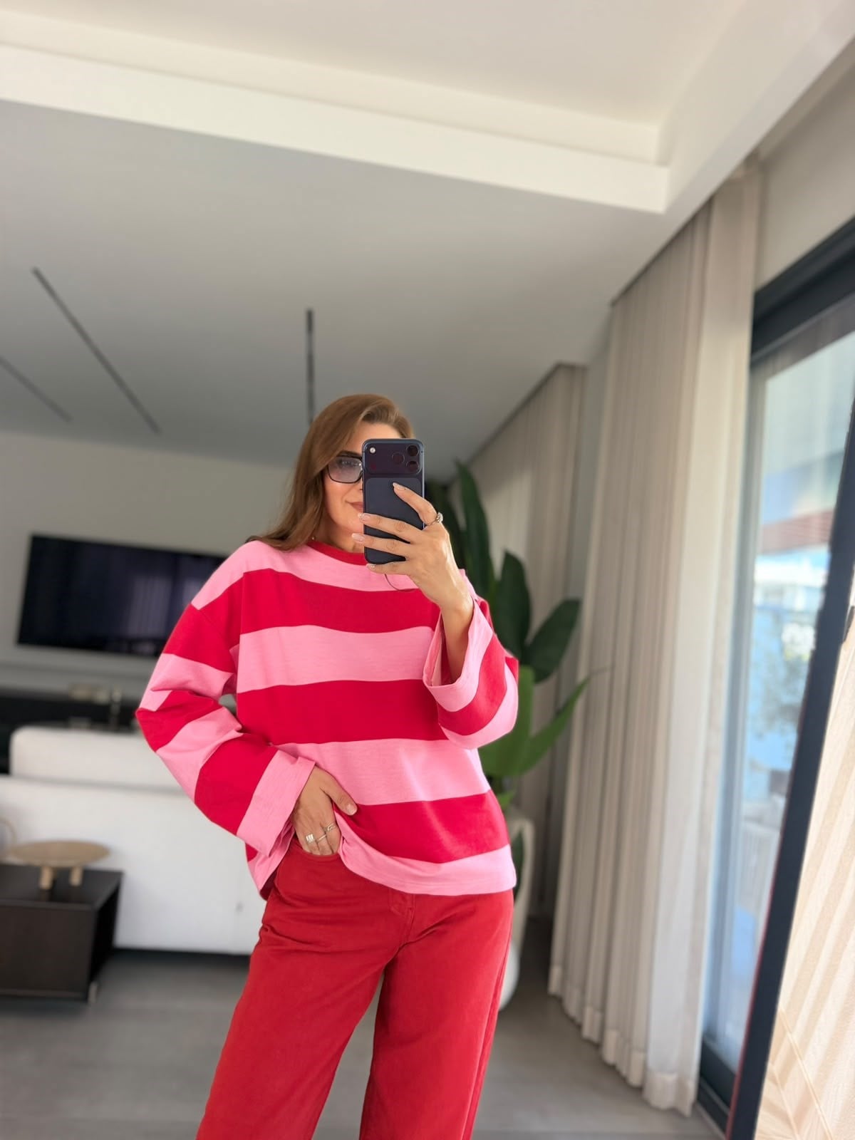 Pembe Çizgili Sweatshırt
