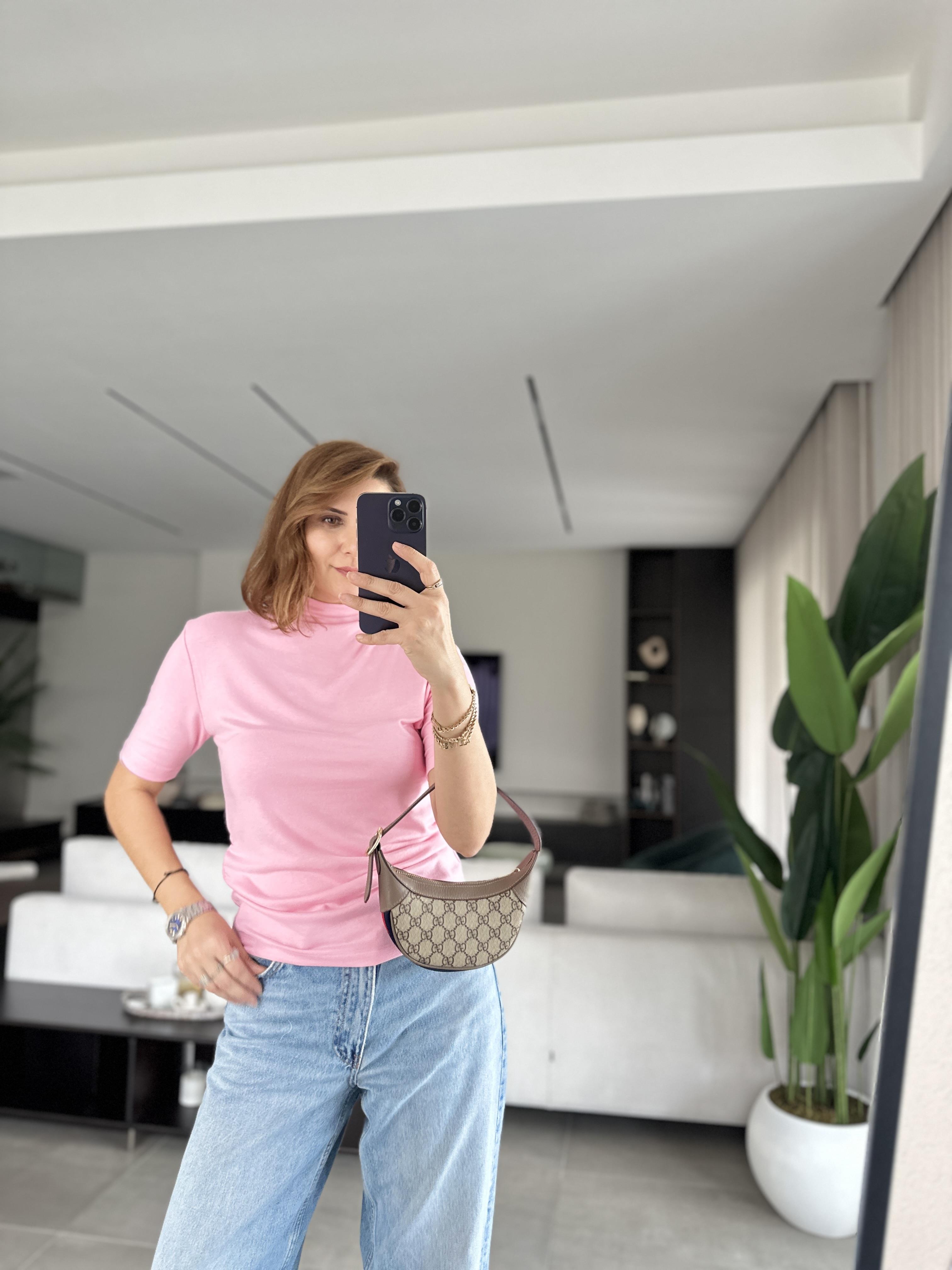 Pembe Dik Yaka Dirsek Kol Bluz