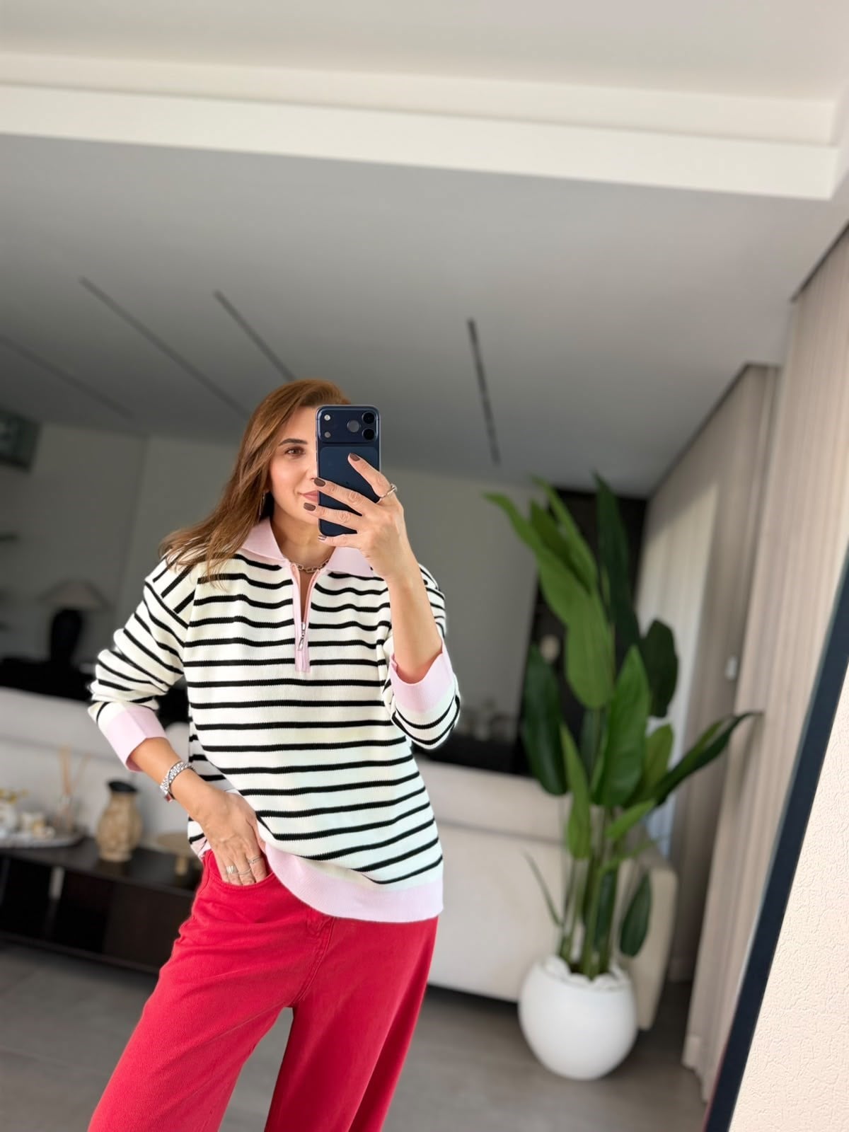 Pembe Fermuarlı Çizgili Triko