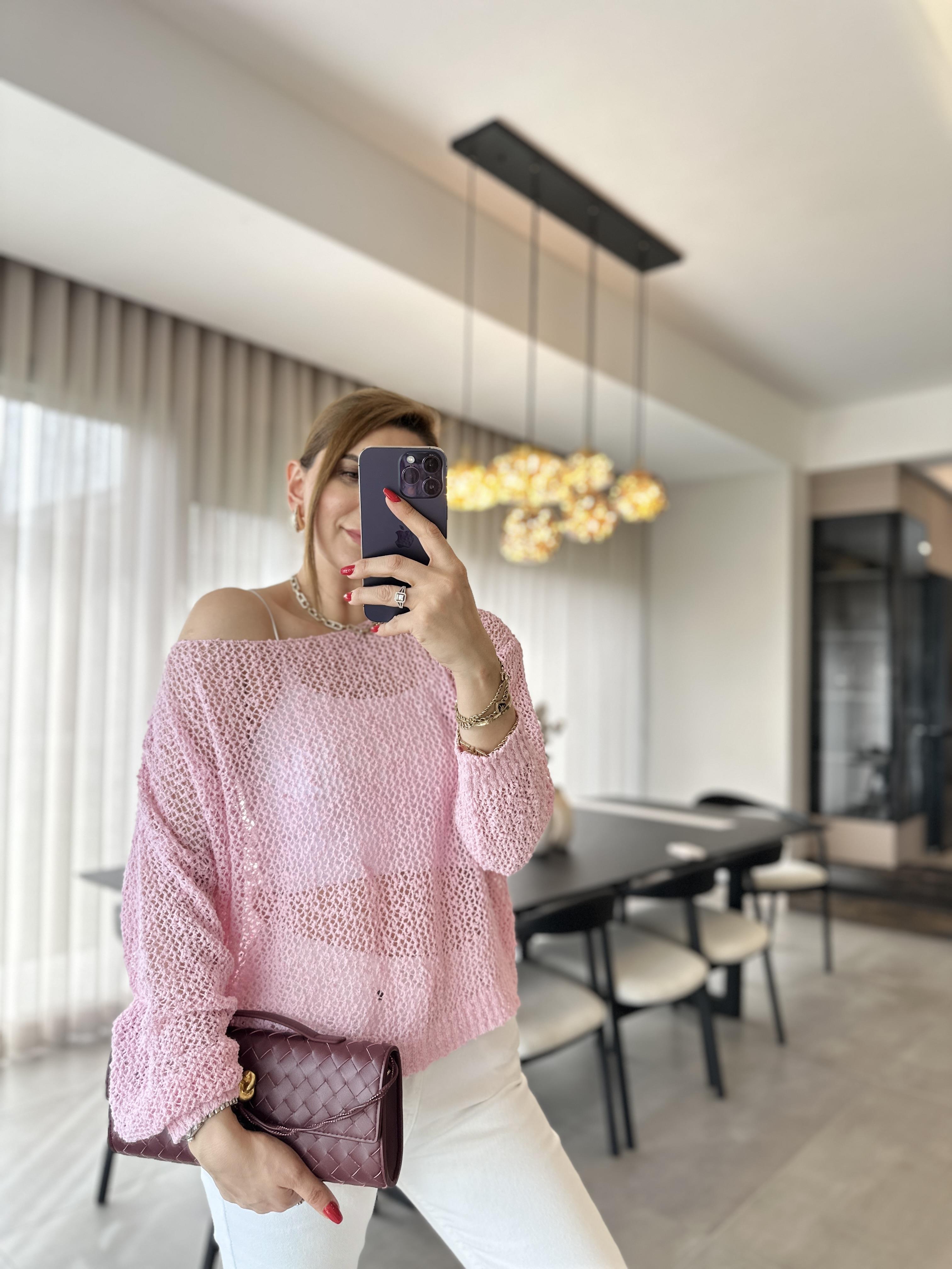 Pembe File Geniş Yaka Triko Bluz