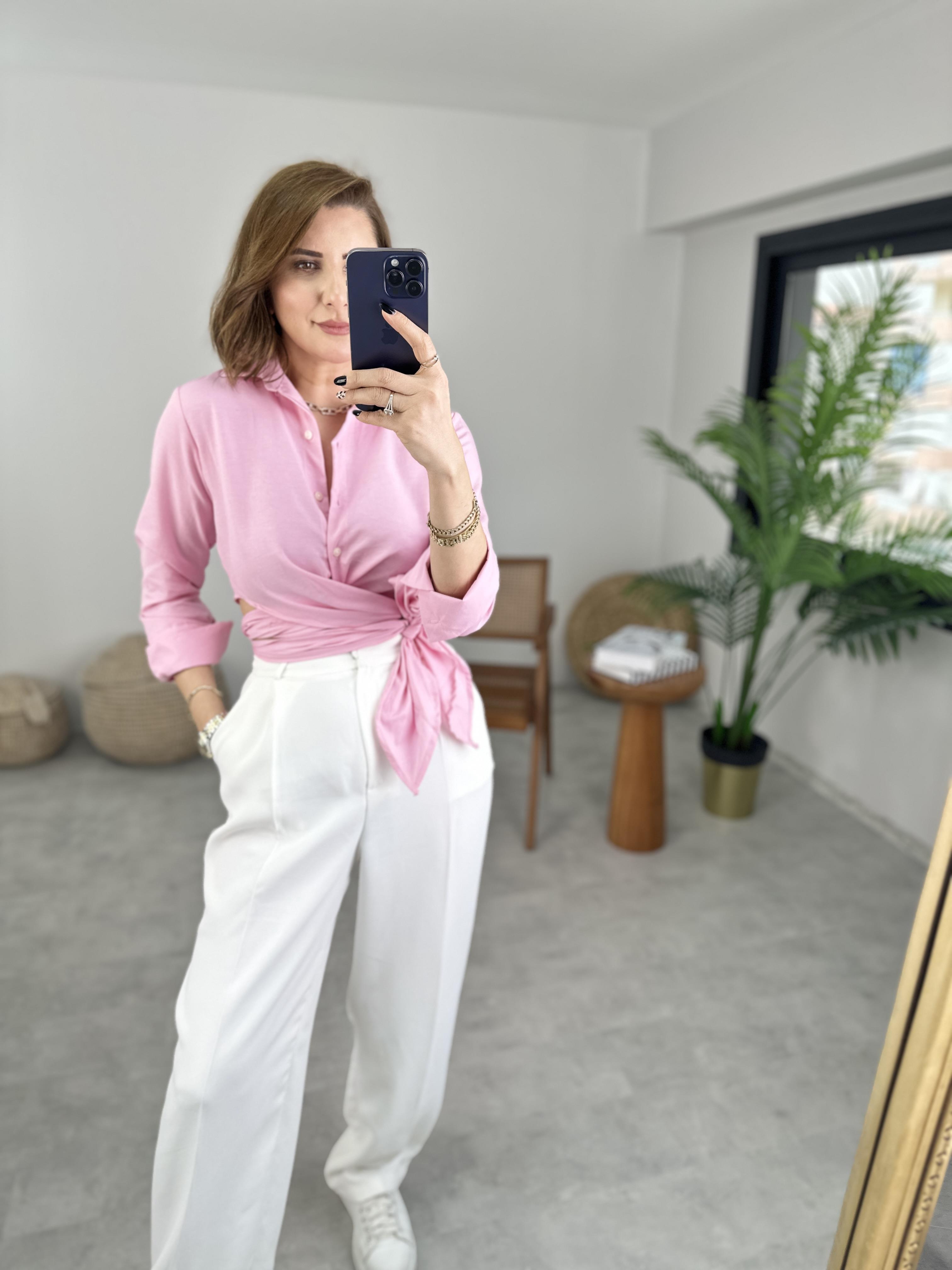 Pembe Önü Bağlamalı Gömlek