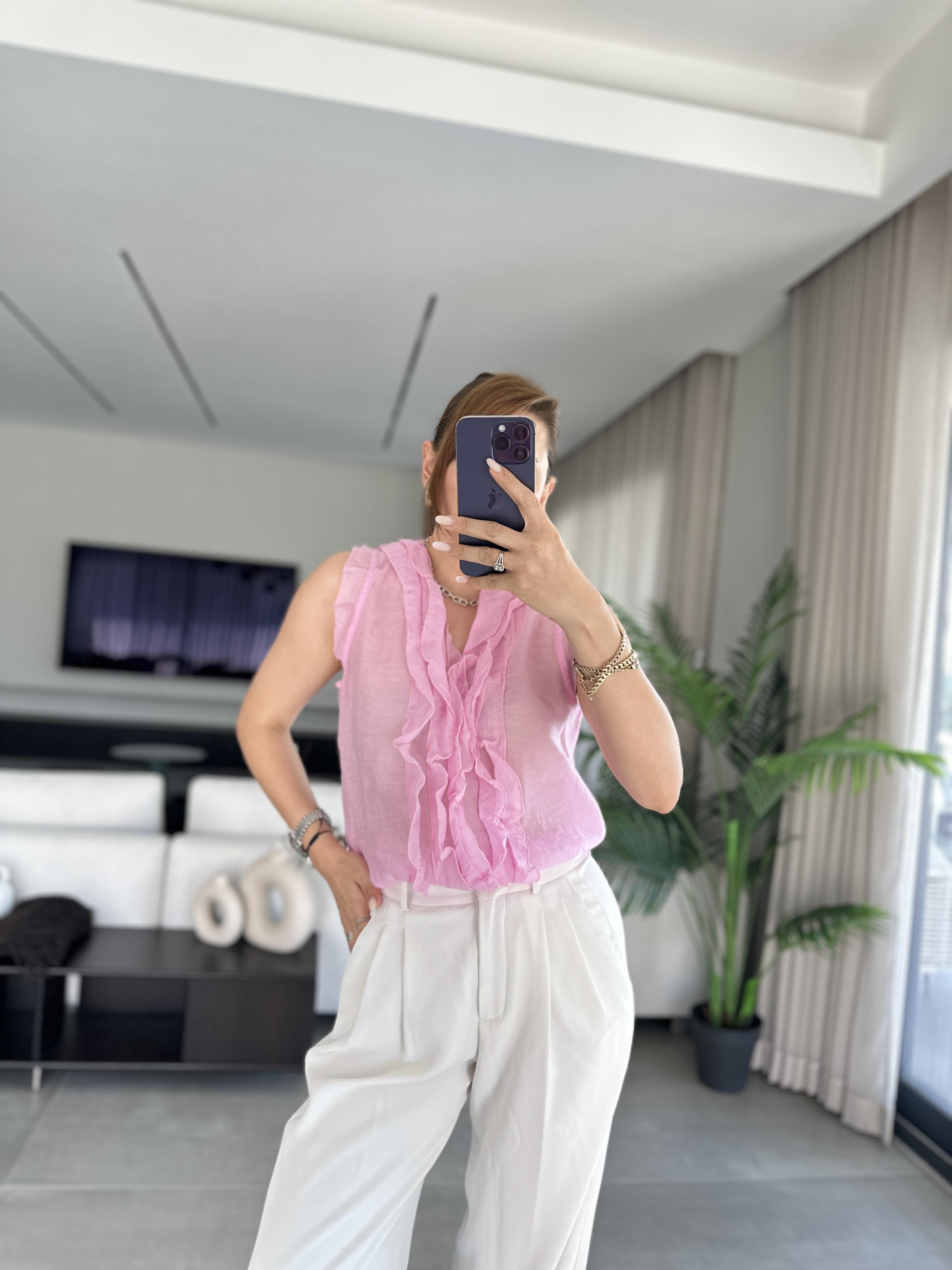 Pembe Önü Fırfırlı Bluz