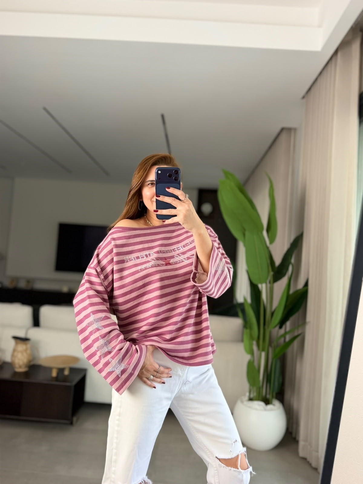 Pembe  Pırıltı Çizgi Sweatshırt