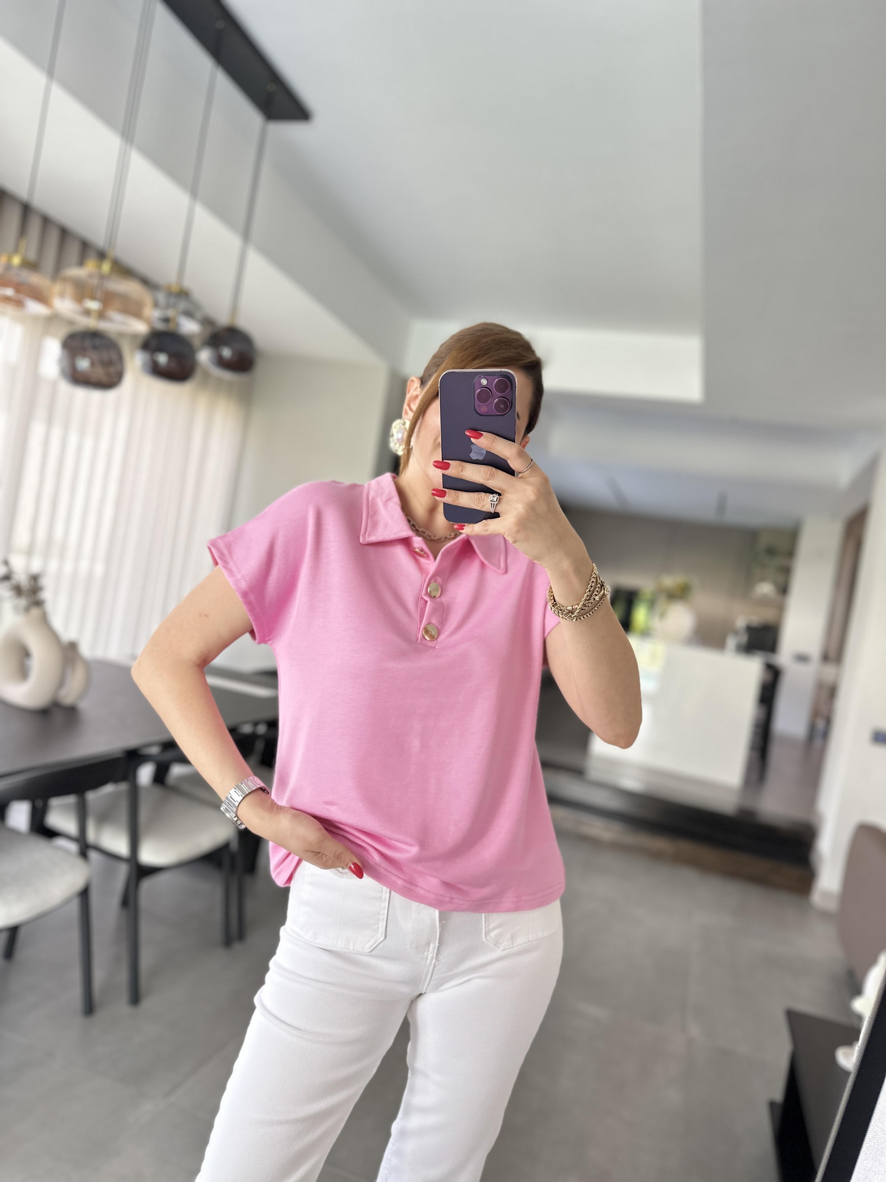 Pembe Polo Yaka Gold Düğmeli T-shirt