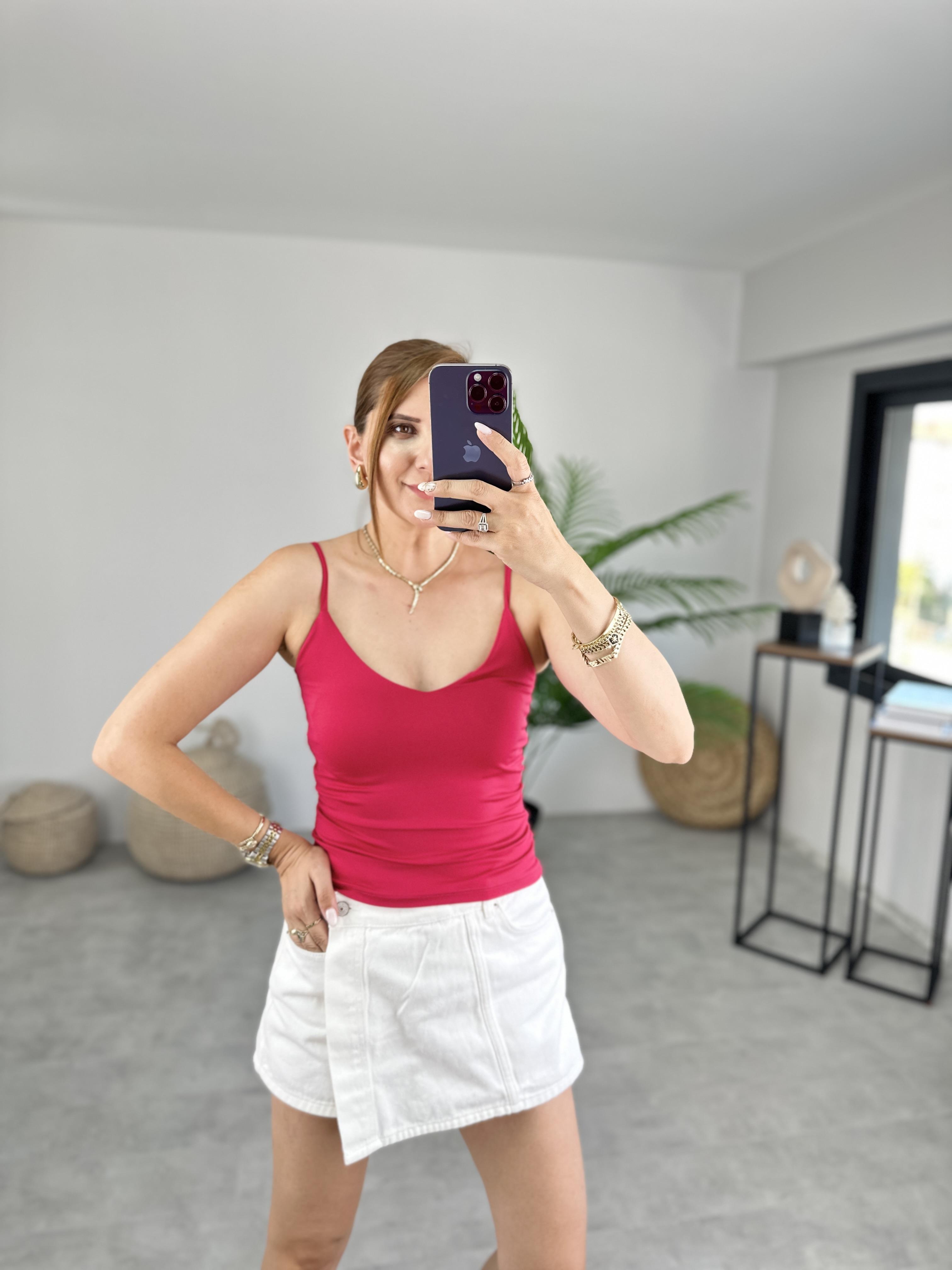 PEMBE POLYEMİD V YAKA İP ASKILI ATLET