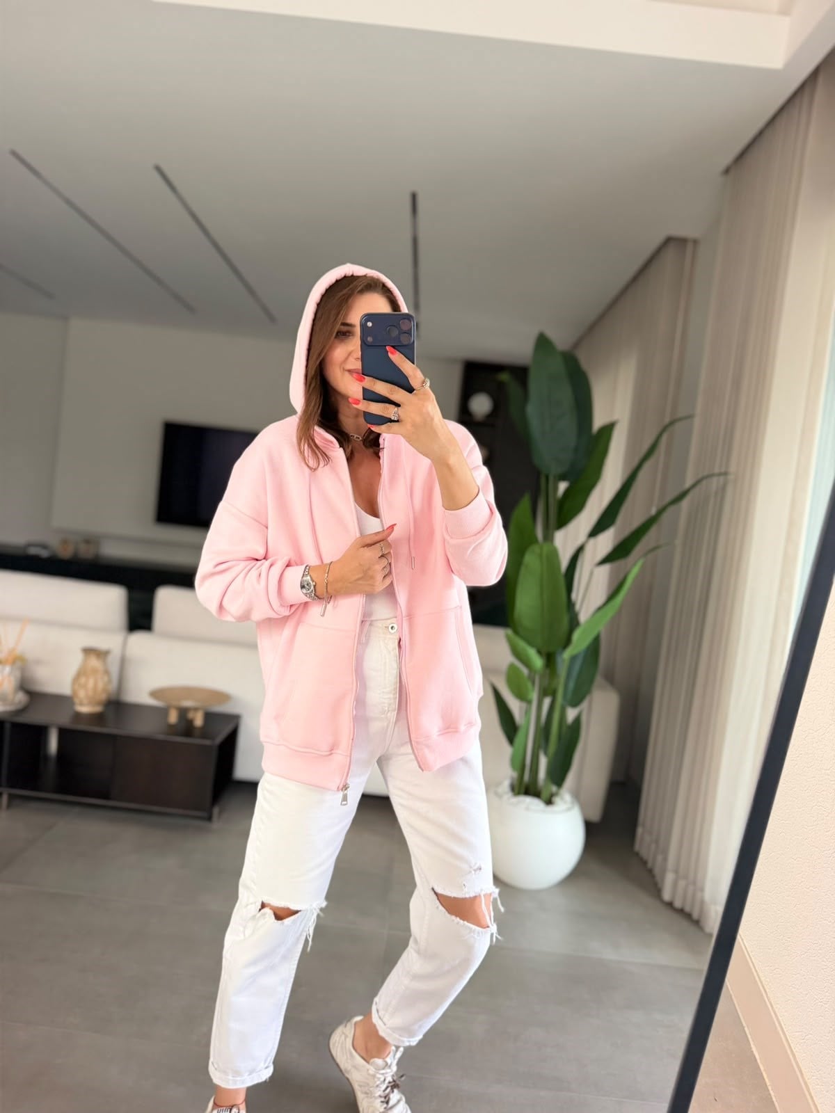 Pembe Üç İplik Kapşonlu Oversize Ceket