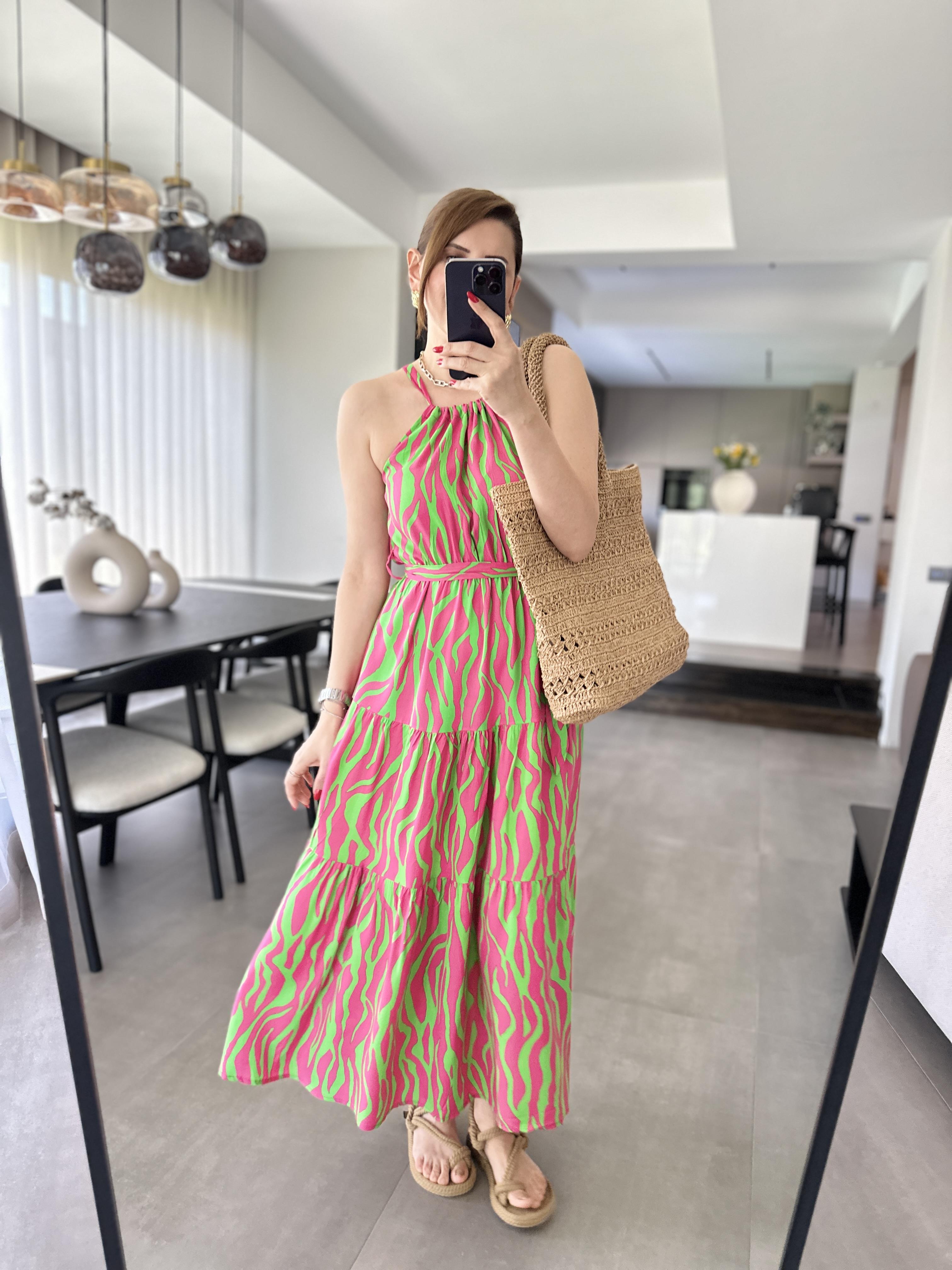 Pembe Zebra Desenli Boyundan Bağlamalı Elbise