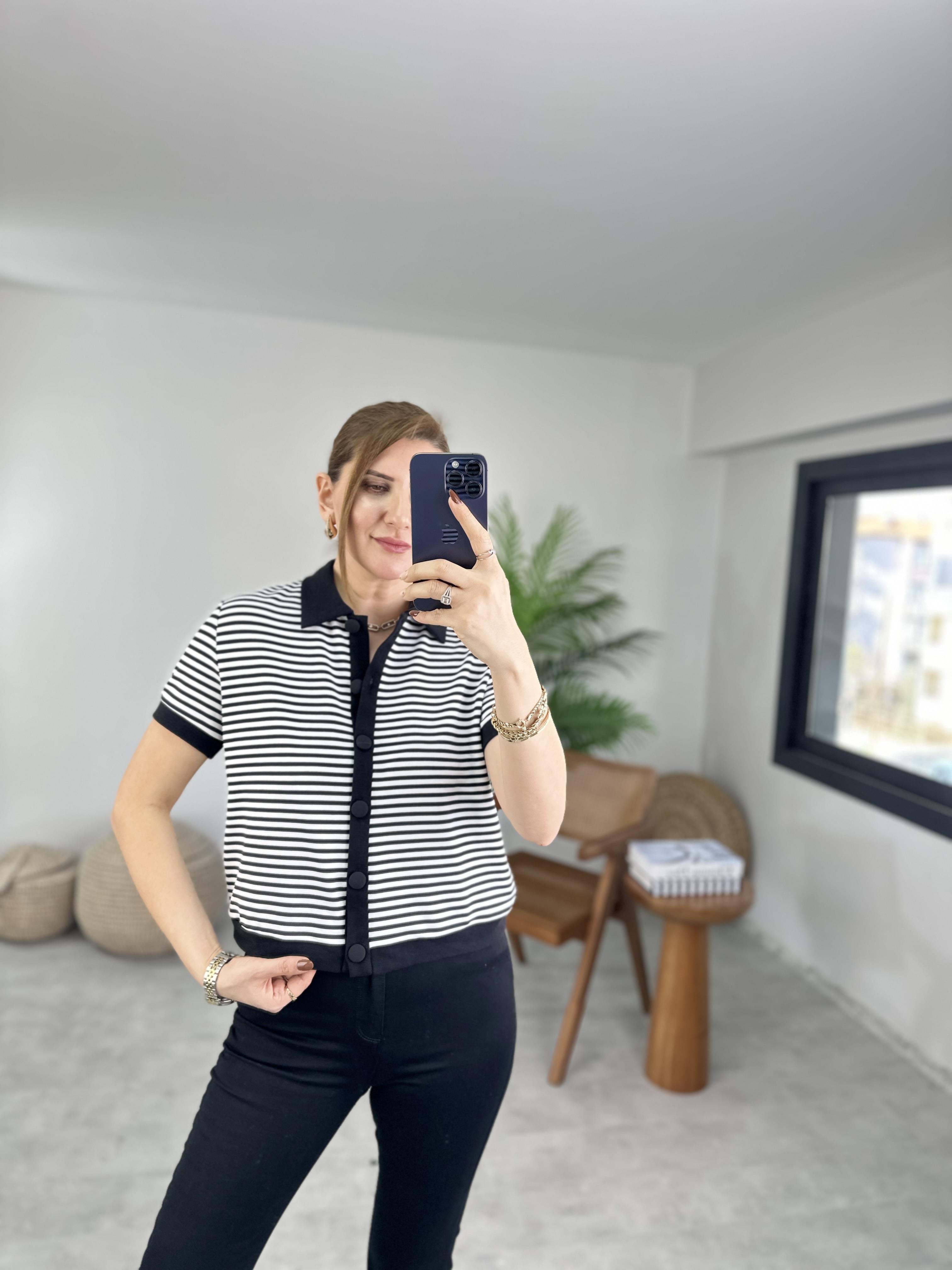 Polo Yaka Çizgili Sweat