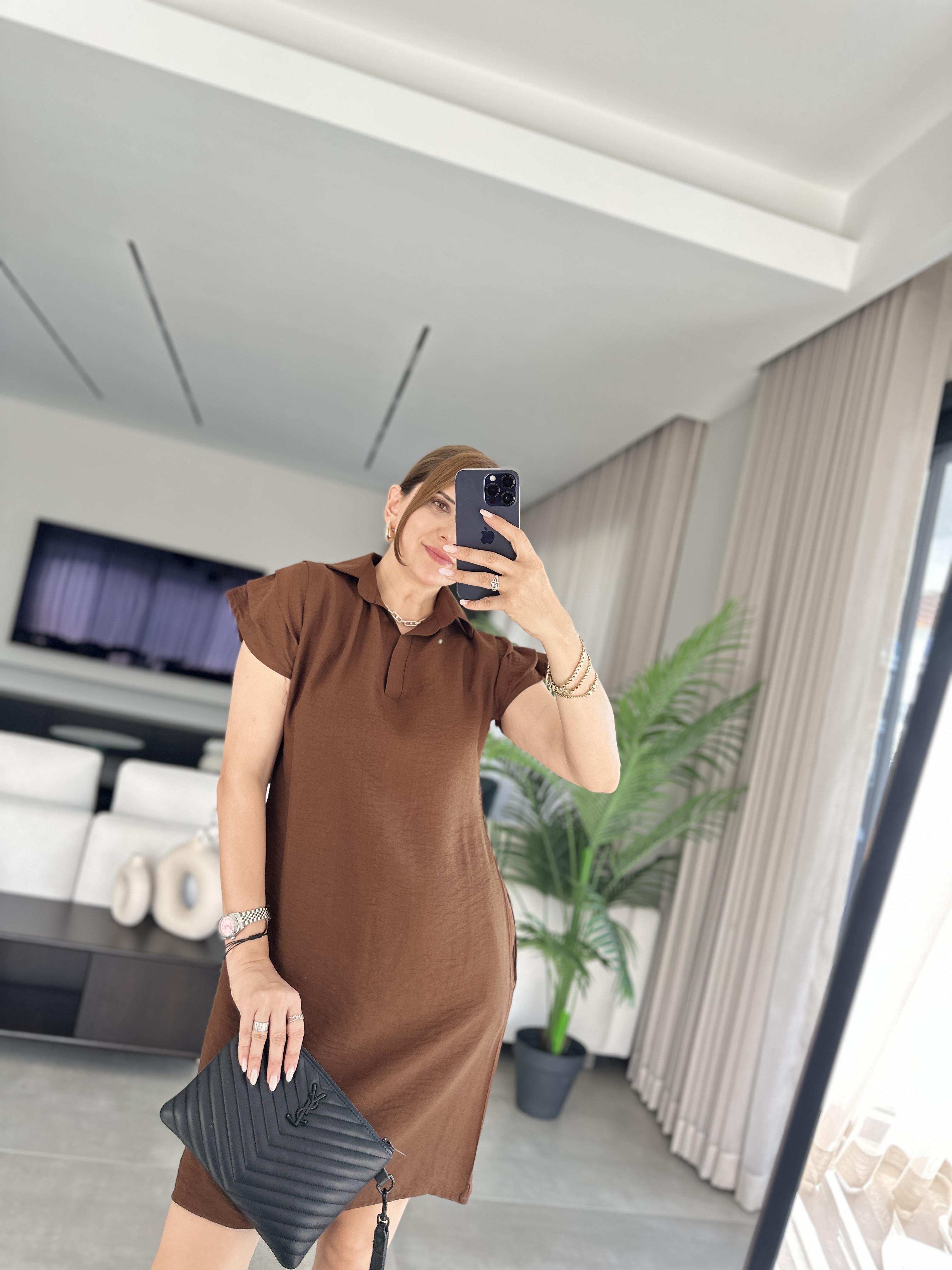 Polo Yaka Omuz Drapeli Keten Elbise