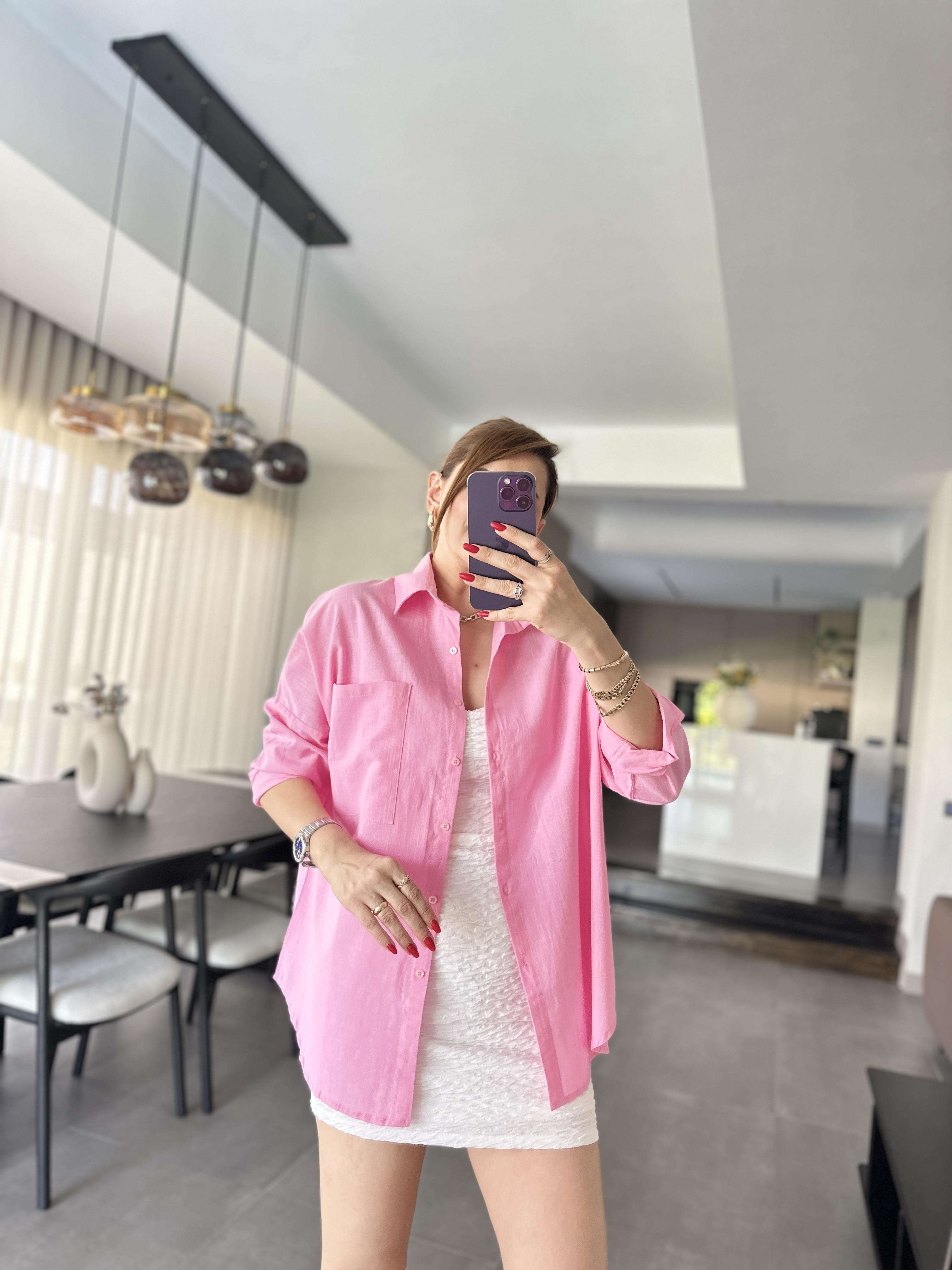 Pudra Cep Detaylı Oversize Gömlek