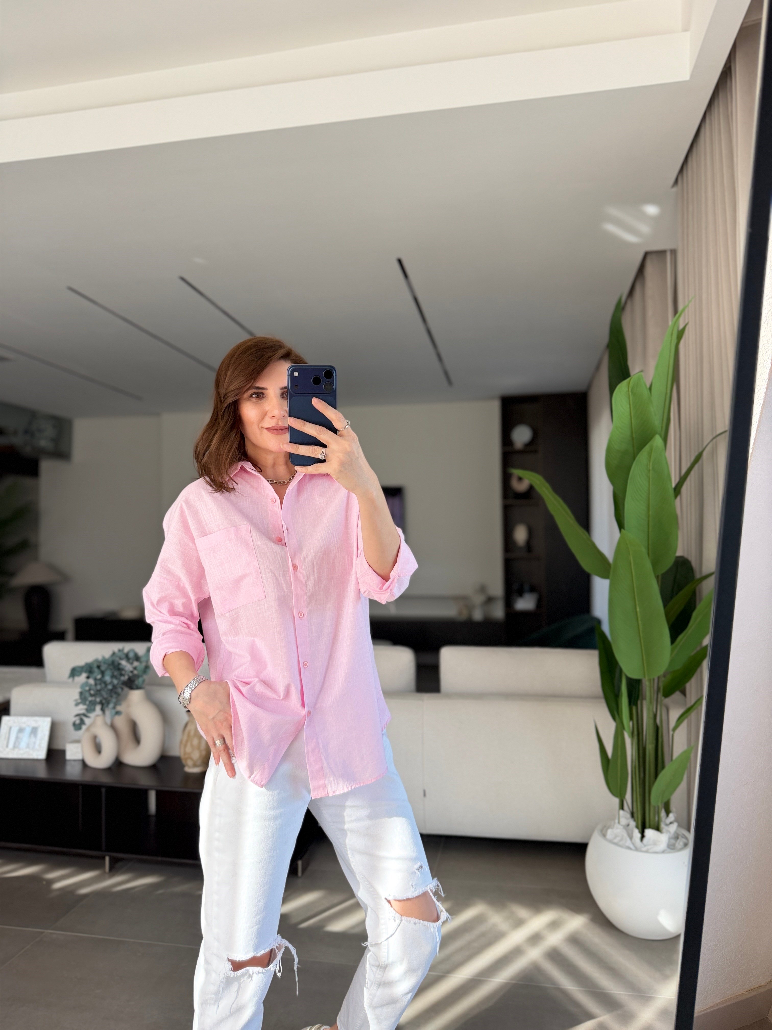 Pudra Keten Tek Cep Oversize Gömlek