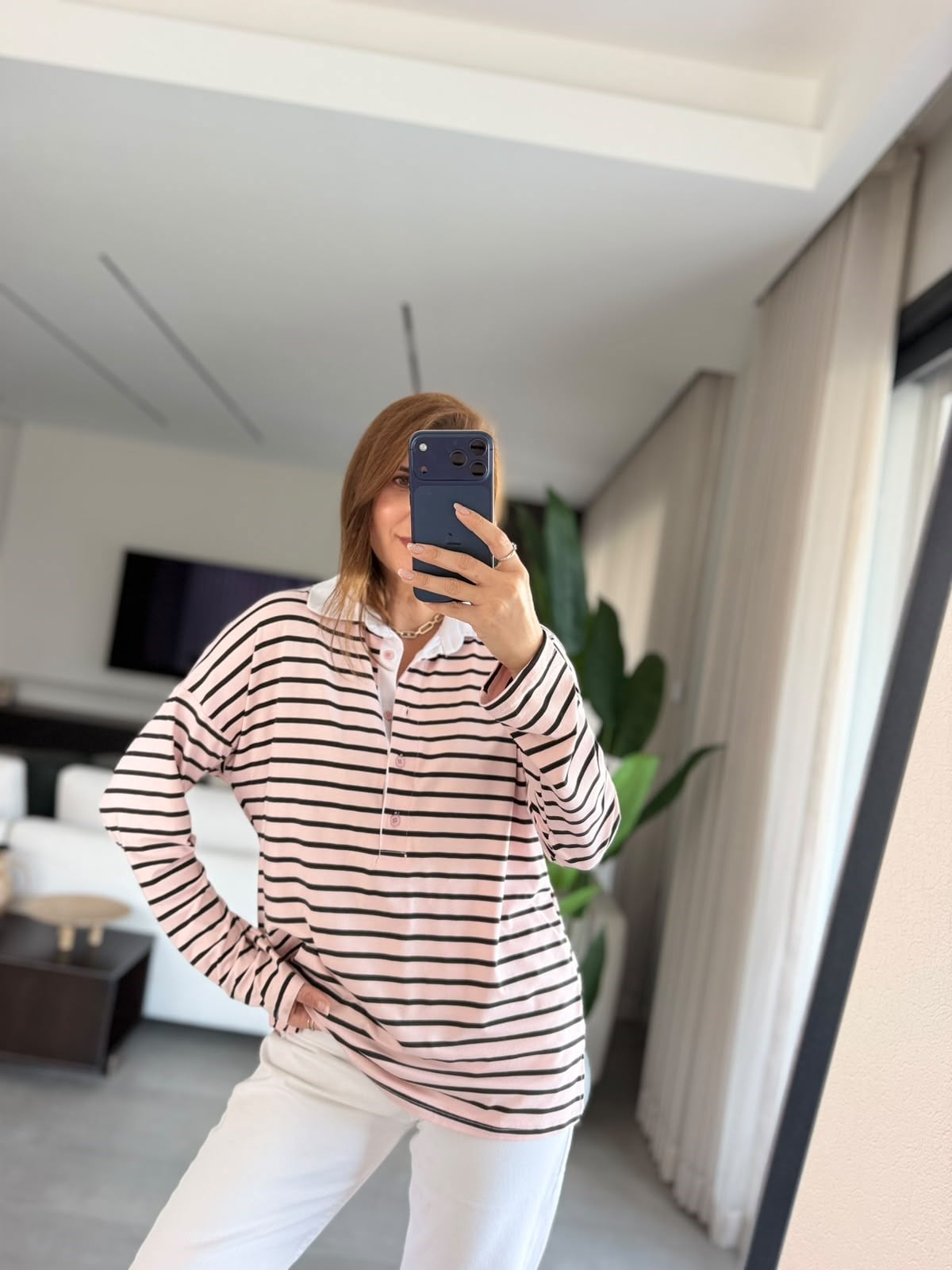 Pudra Polo Yaka Çizgili Oversize Bluz