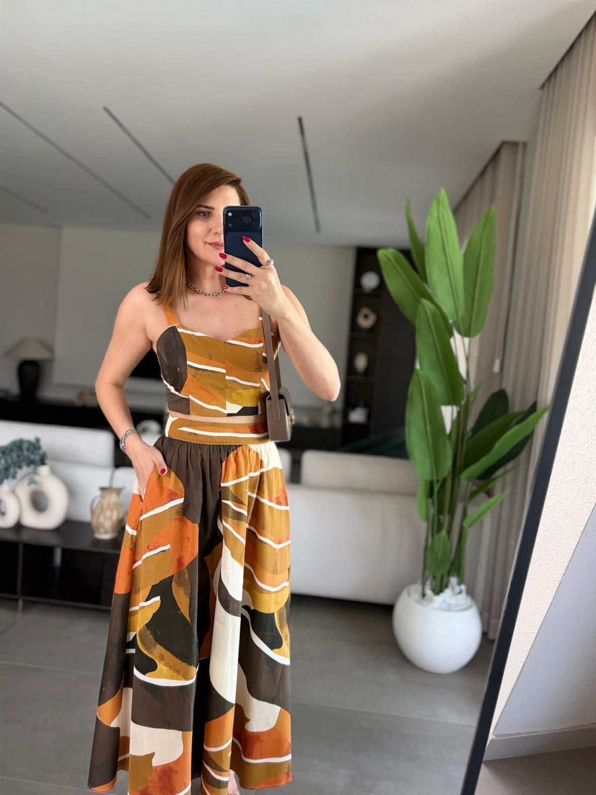 Renkli Batik Desen Crop Etek Takım