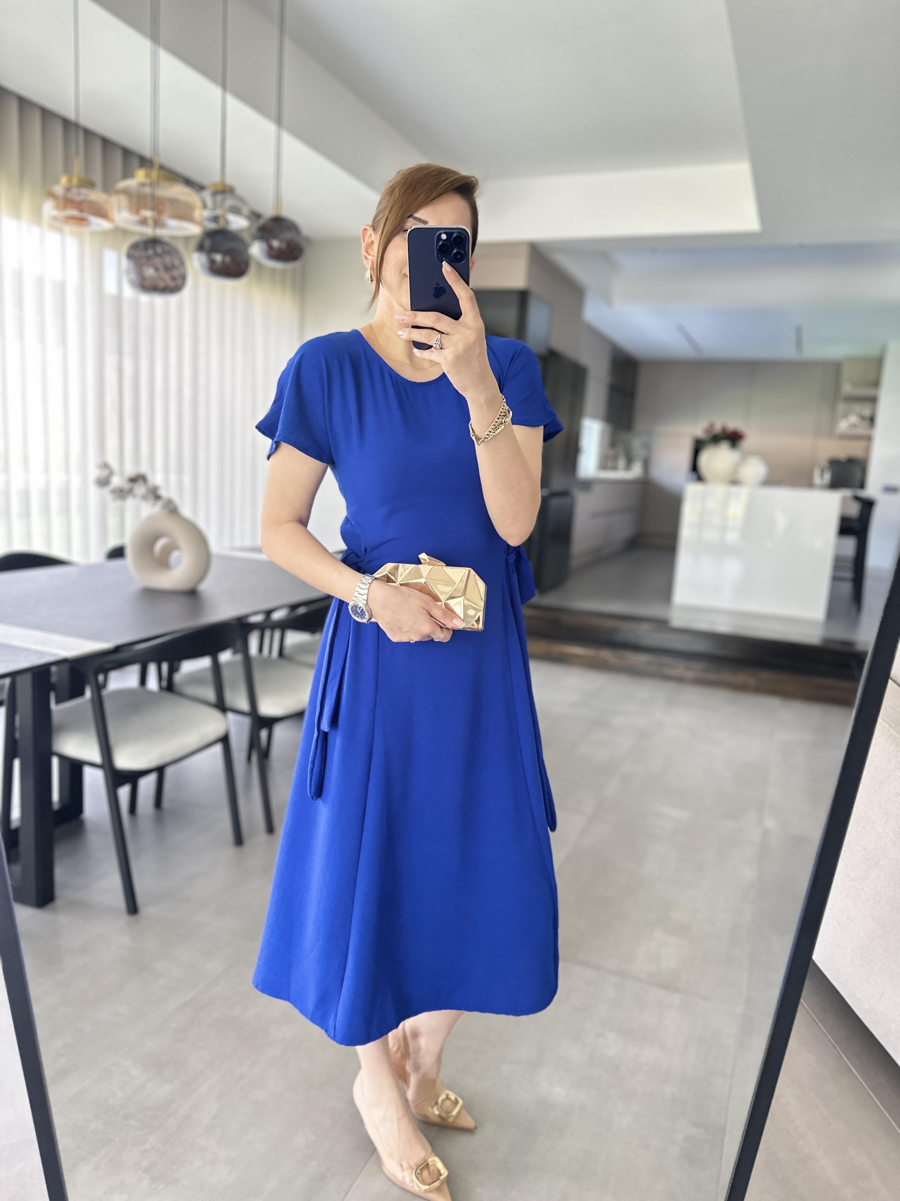 Saks Mavi Kendinden Kuşaklı Ayrobin Elbise