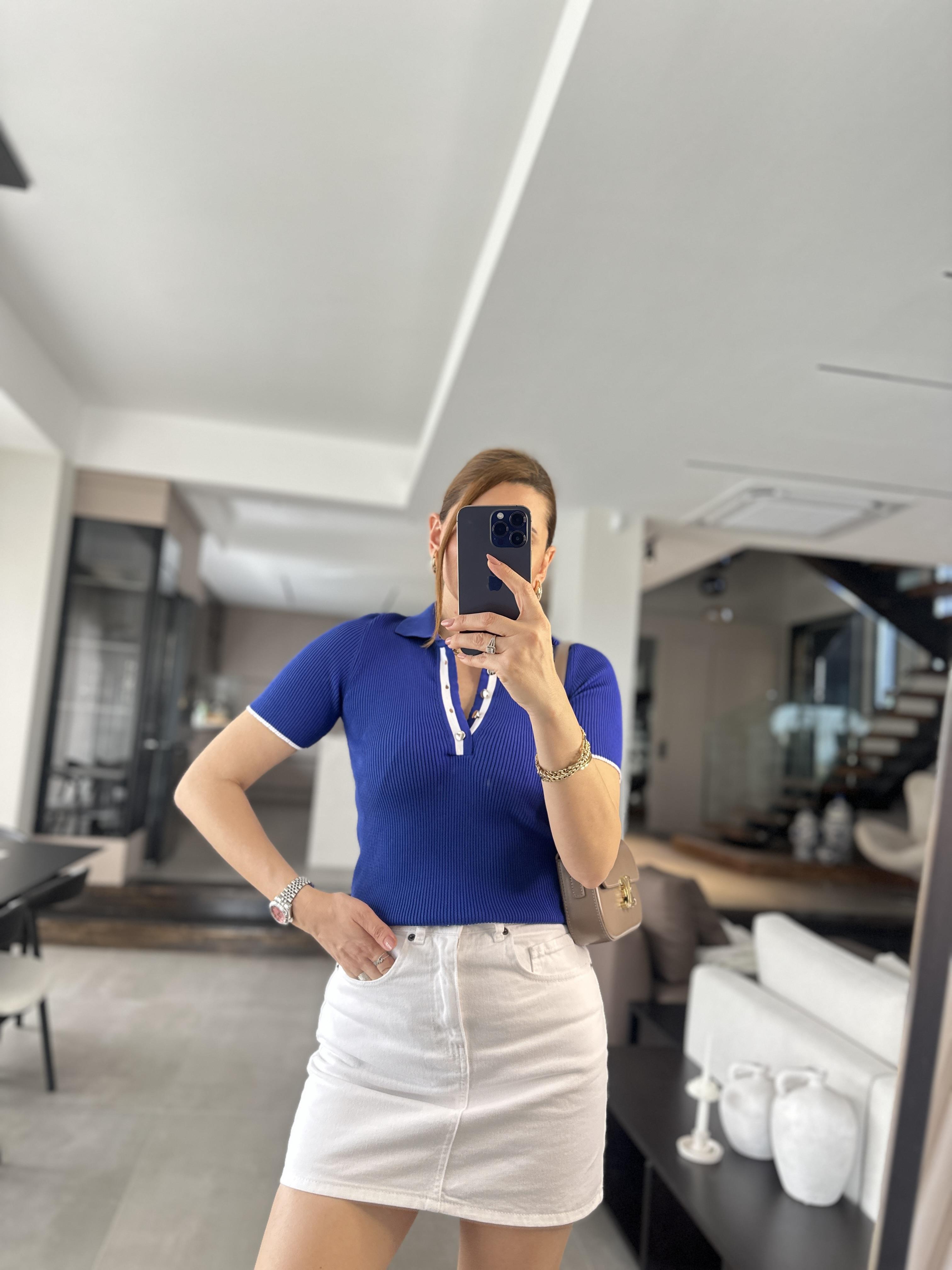 Saks Mavi Polo Yaka Fitilli Bluz