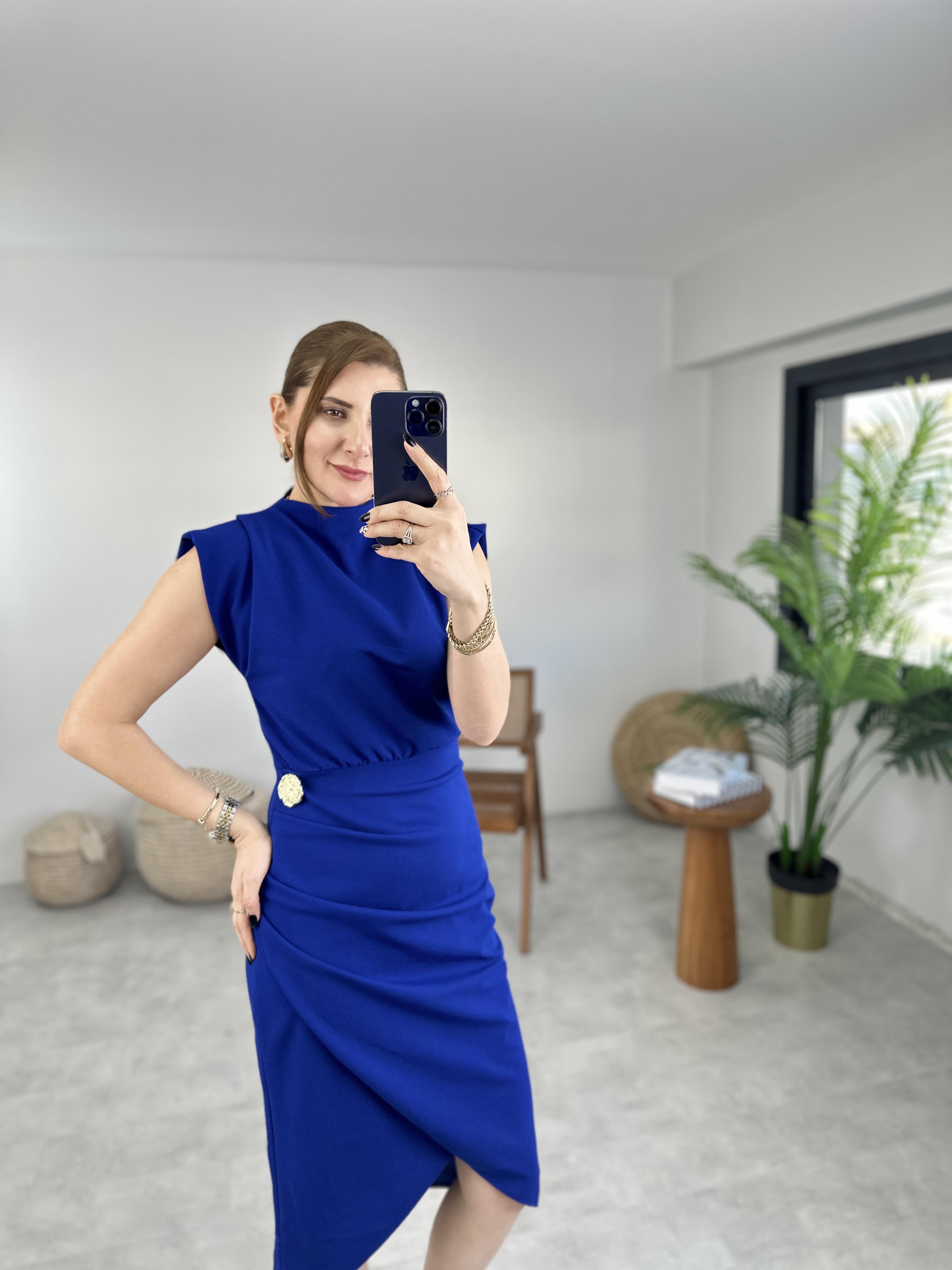 Saks Mavi Scuba Crep Tokalı Elbise