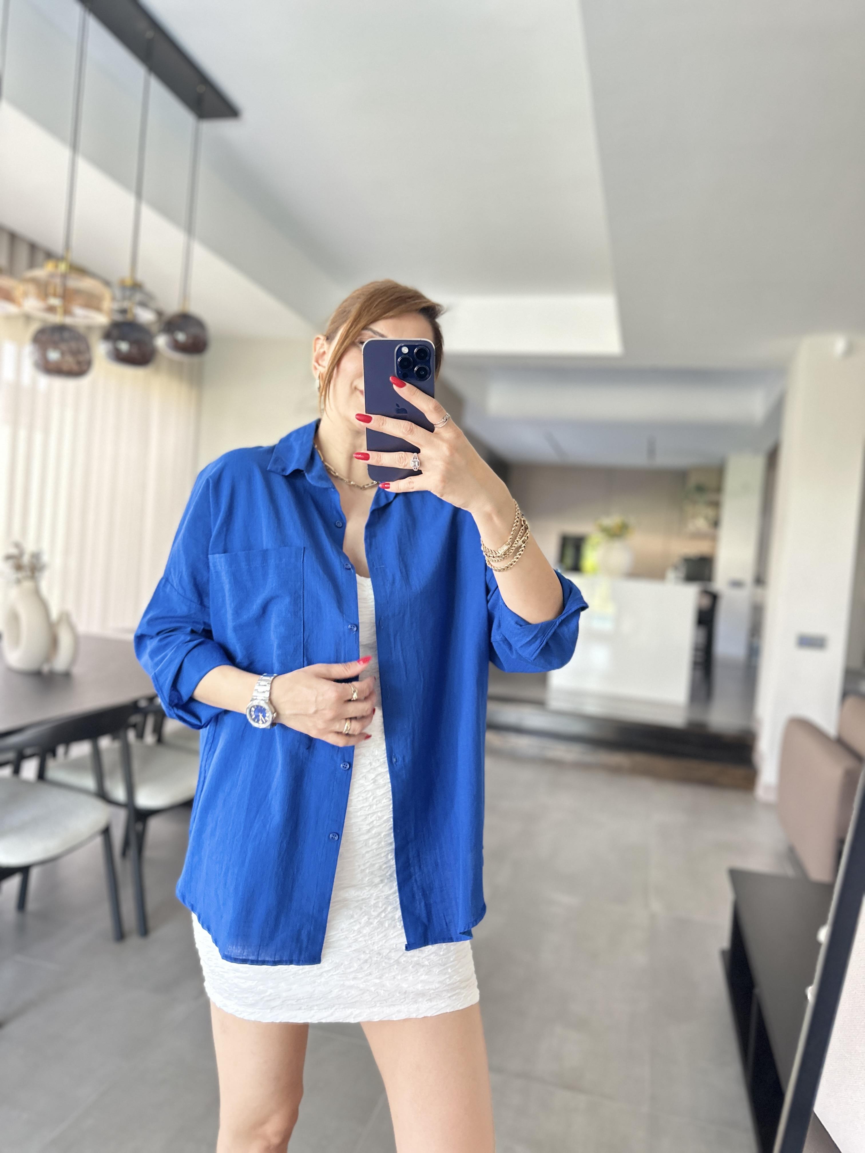 Saksmavi Cep Detaylı Oversize Gömlek