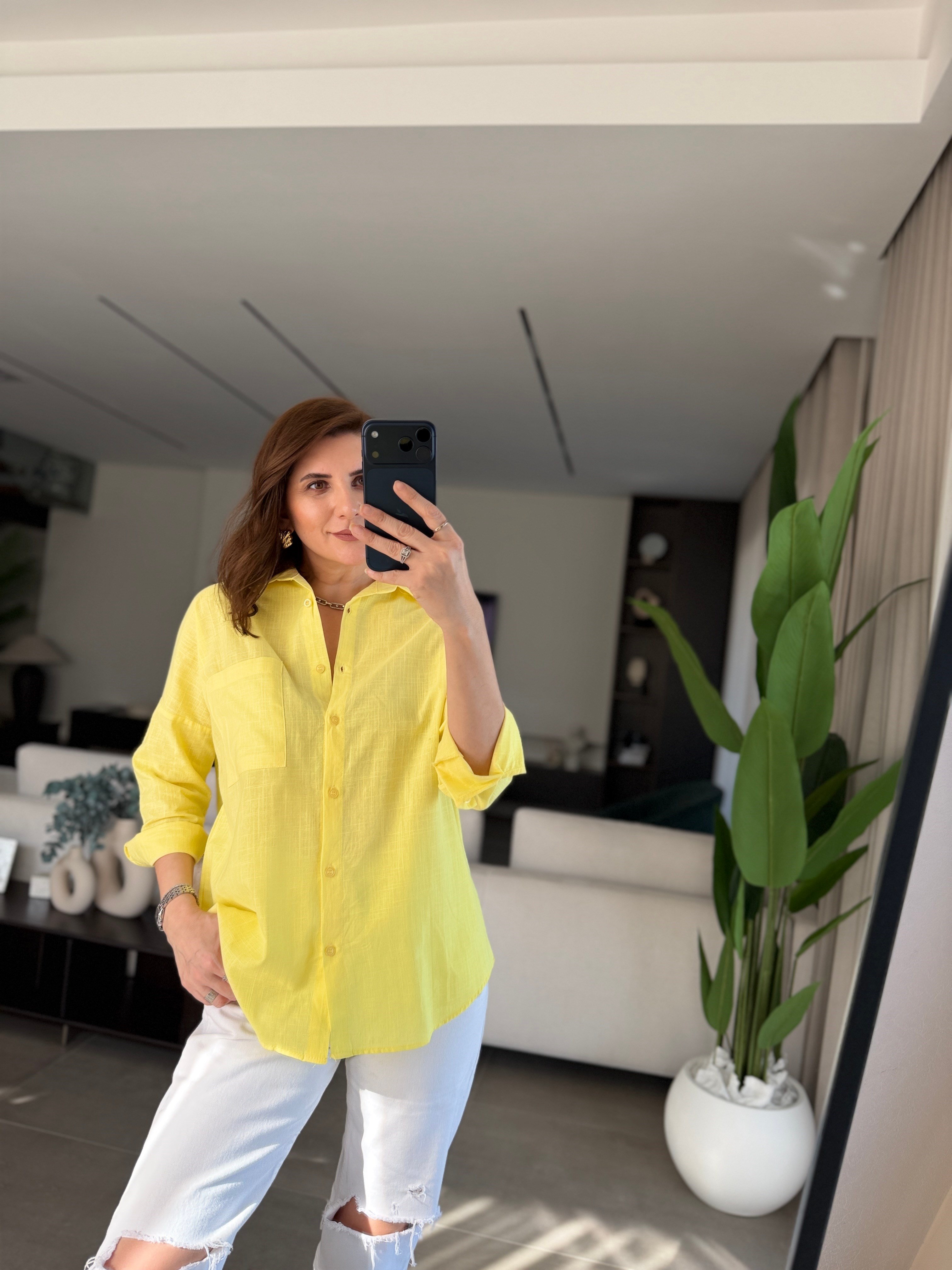 Sarı Keten Tek Cep Oversize Gömlek