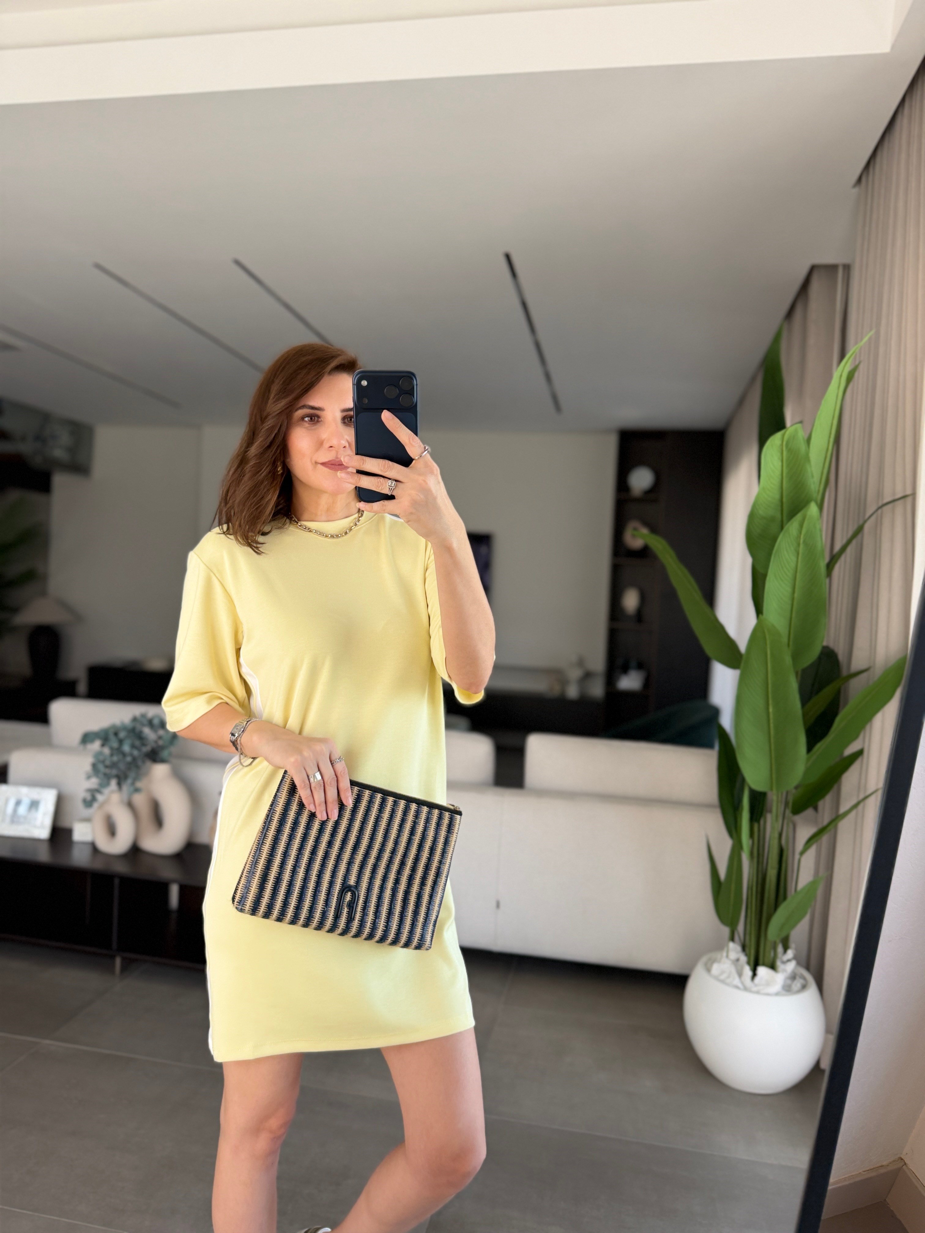 Sarı Modal Şeritli Midi Boy Elbise