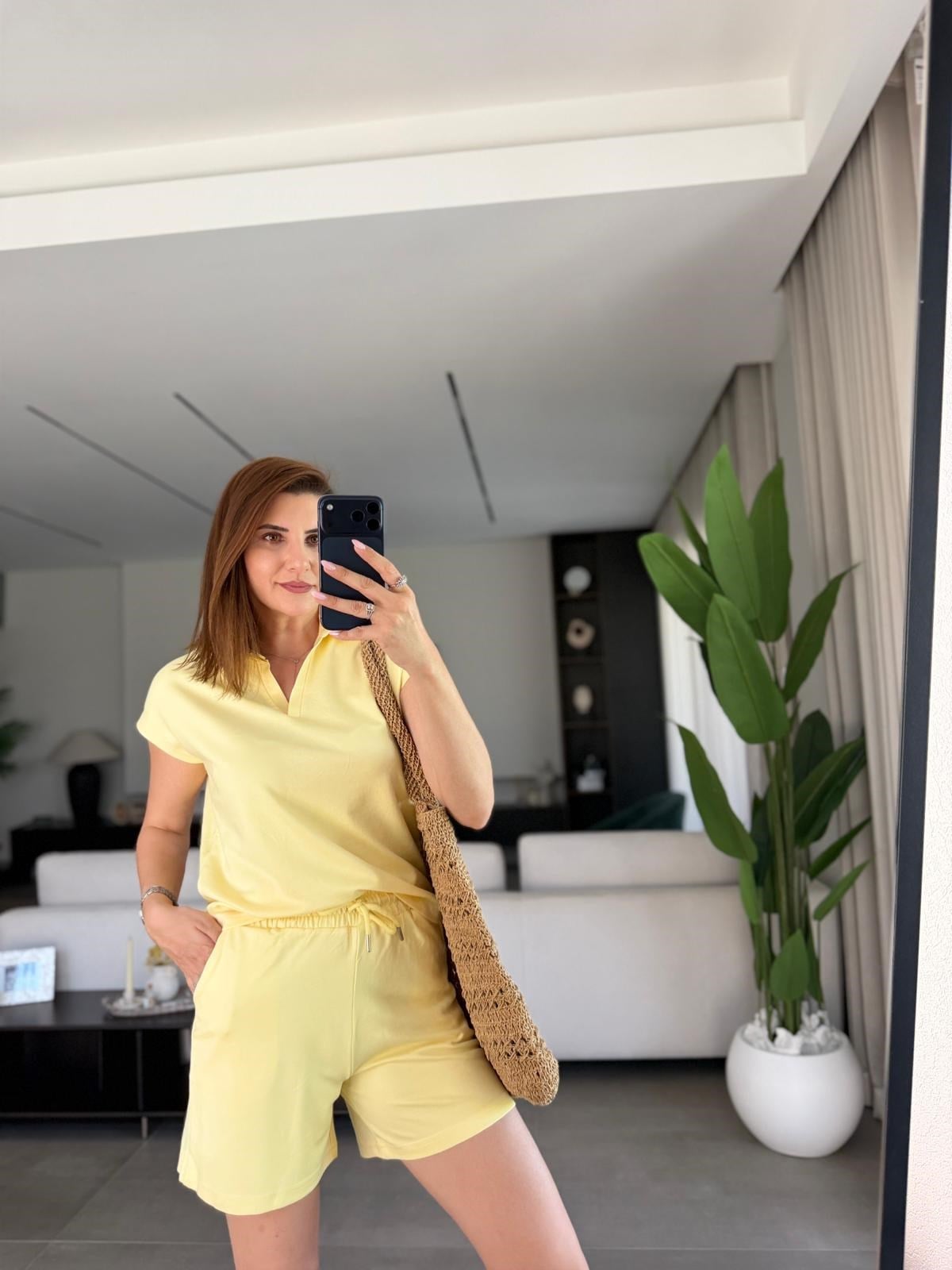 Sarı Polo Yaka Oys Şort Takım
