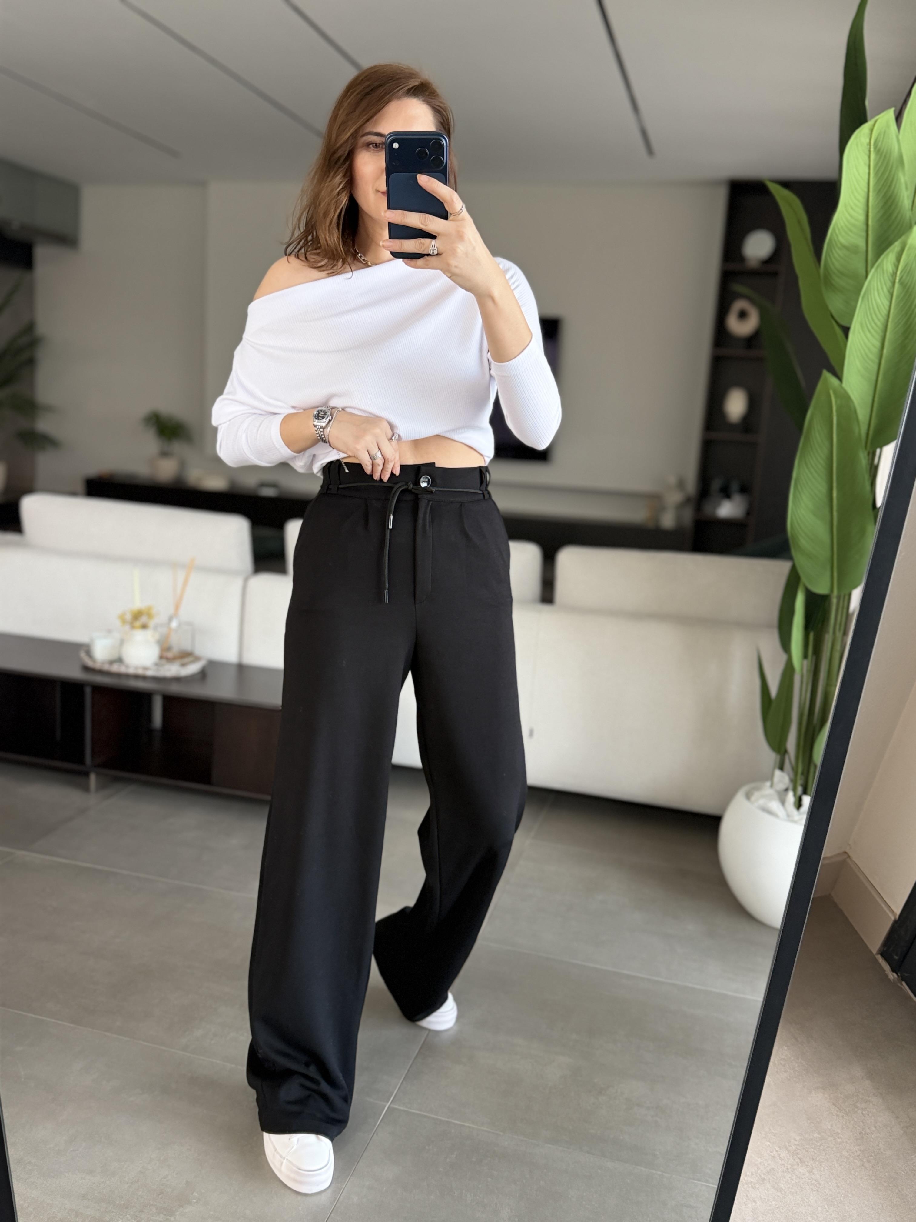 Siyah Arka Lastikli Cepli Bol Paça Pantolon