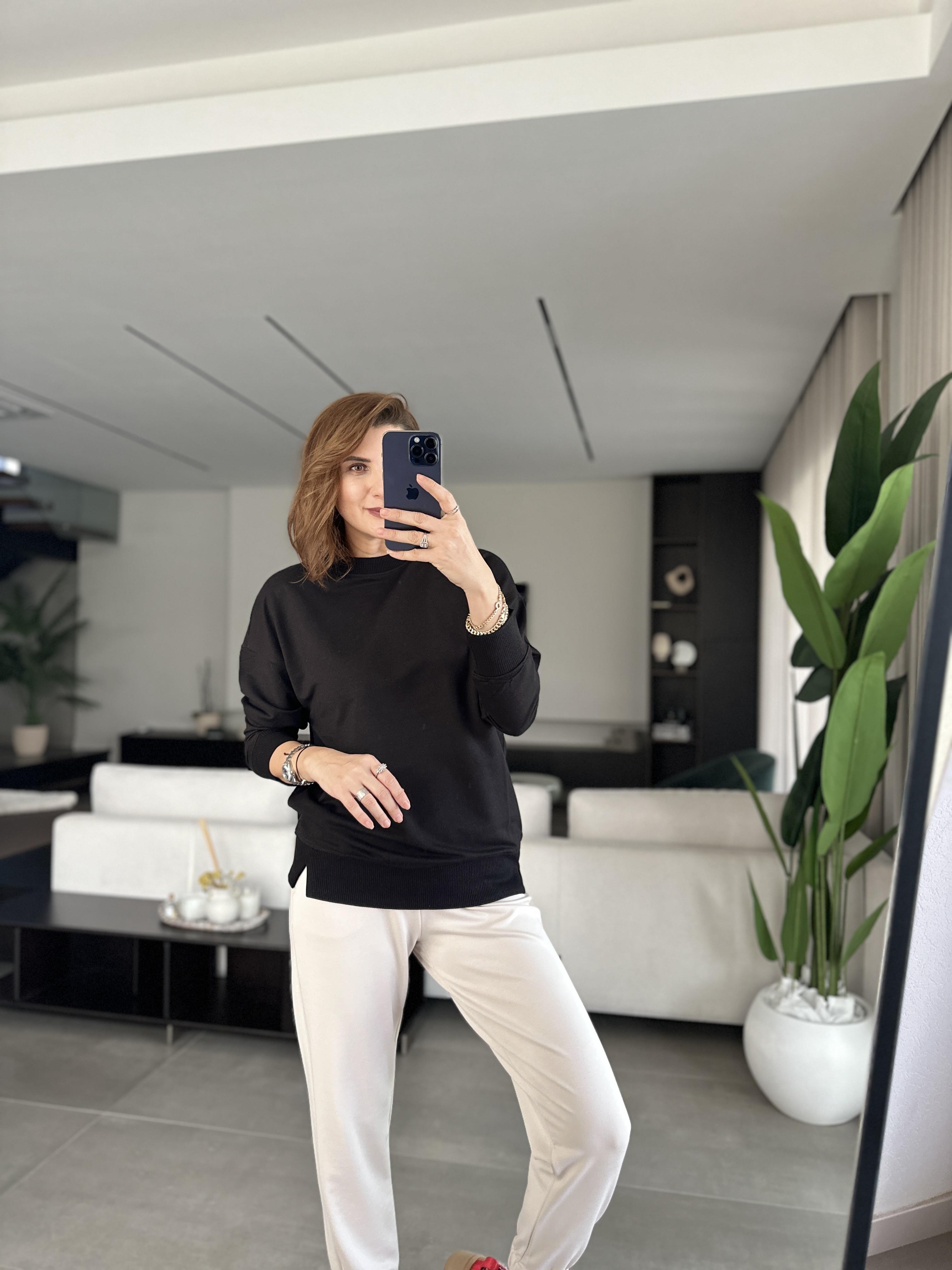 Siyah Basic Bisiklet Yaka Sweat