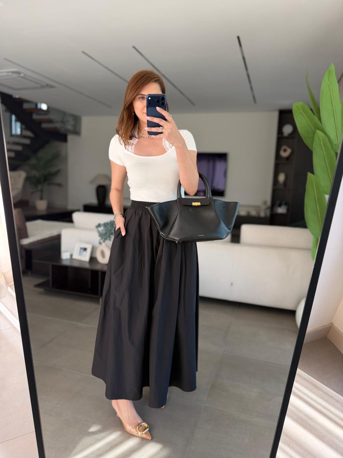 Siyah Bel Lastikli Midi Boy Çan Etek