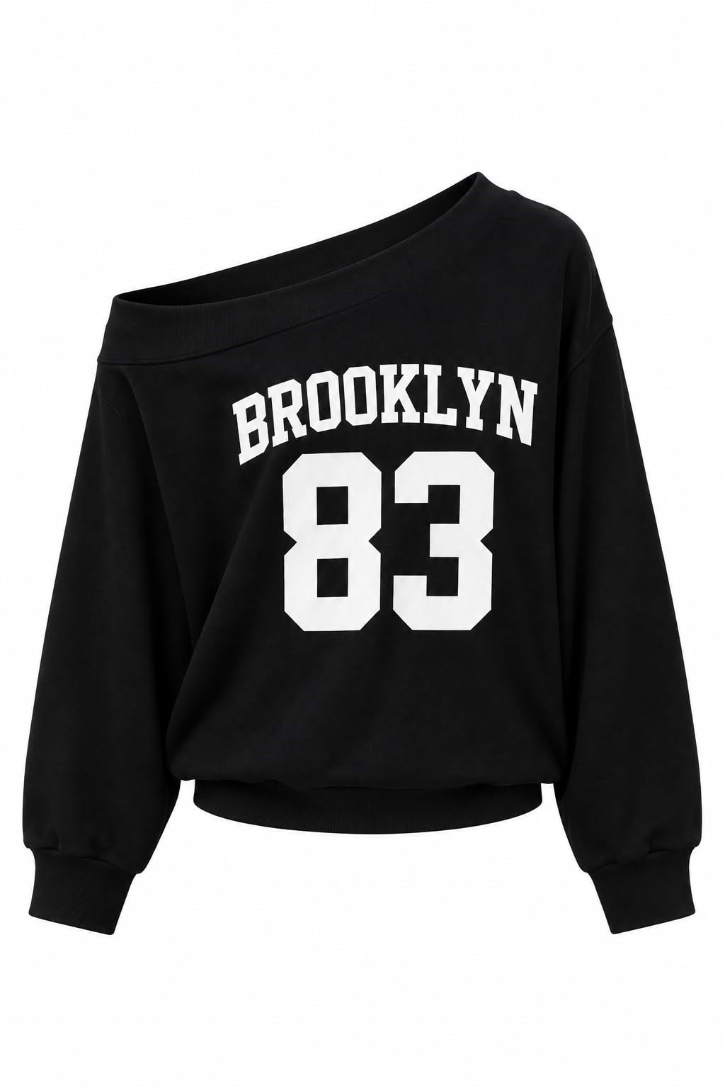 Siyah Brooklyn Baskılı Kayık Yaka Sweatshırt